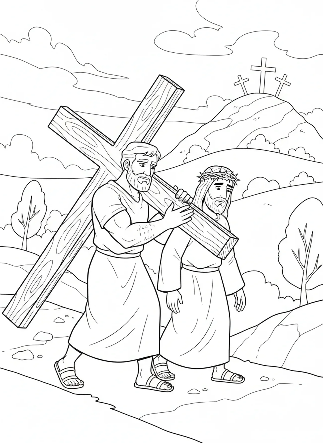 Simão carregando a cruz com Jesus ao seu lado, página para colorir do Simão de Cirene para crianças de 5 a 10 anos