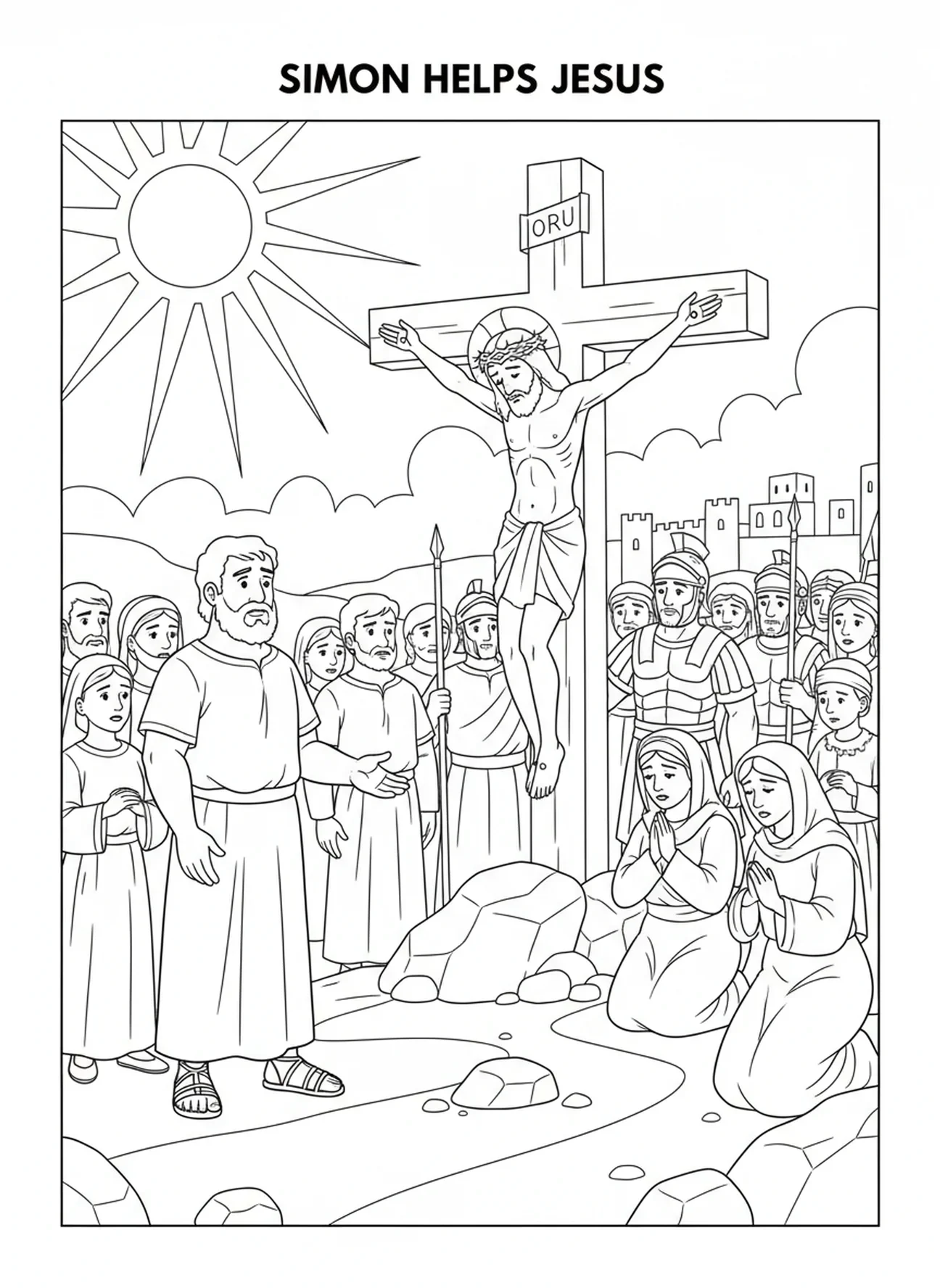 Simão assistindo à crucificação de Jesus, página para colorir de Simão de Cirene para crianças de 5 a 10 anos