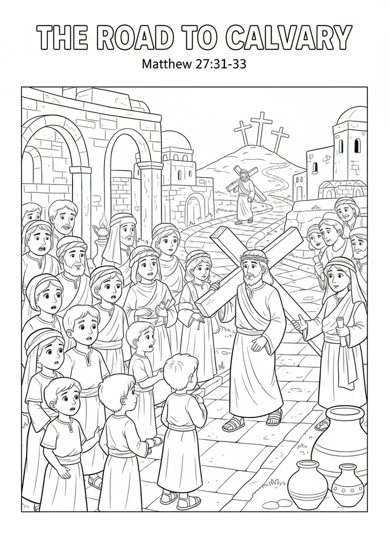 Foule diverse observant Jésus, page à colorier de Simon de Cyrène pour les enfants de l'École du dimanche âgés de 5 à 12 ans.
