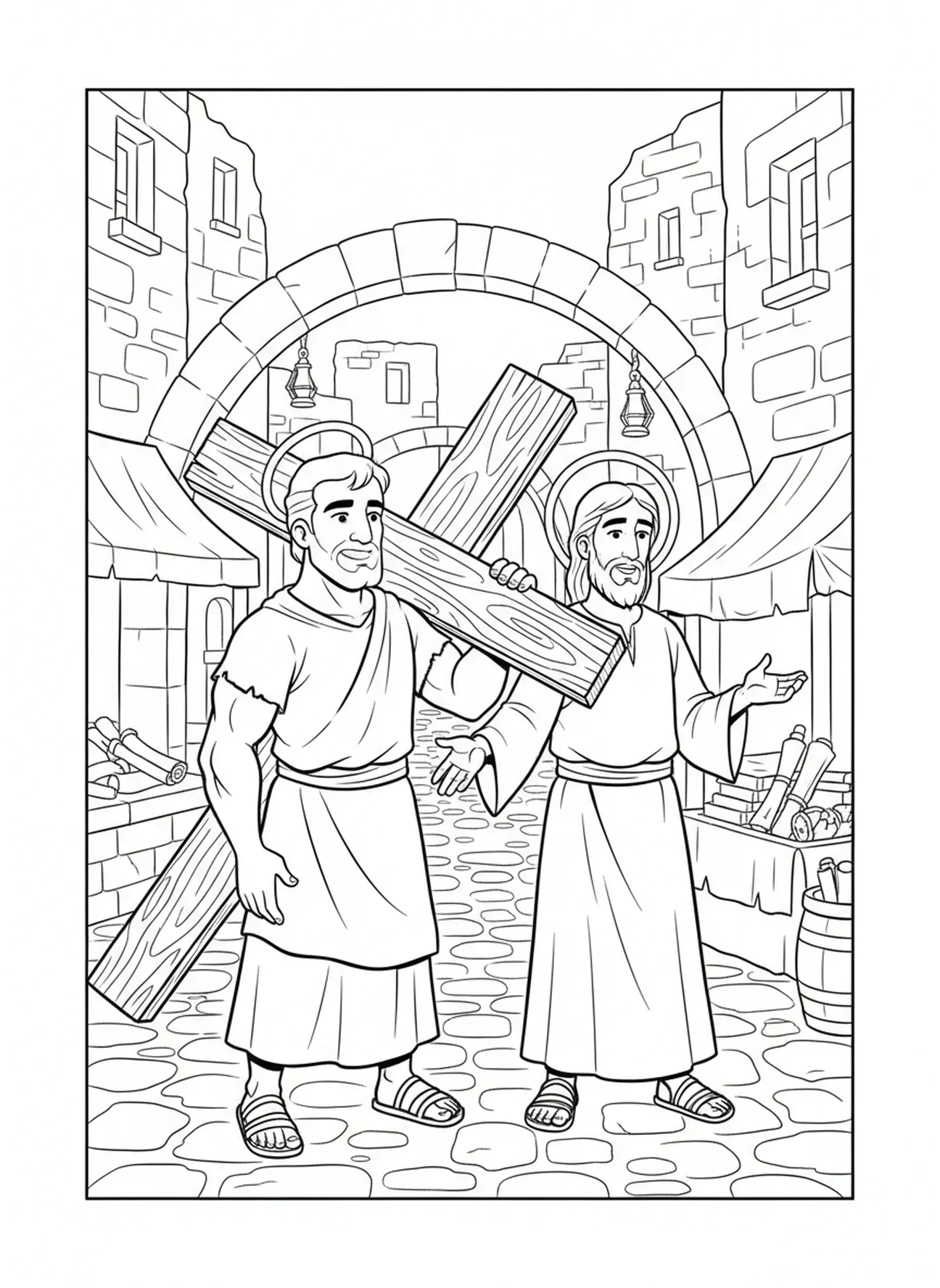 Simon rencontre Jésus sur le chemin, page à colorier de Simon de Cyrène pour les enfants de l'École du dimanche âgés de 5 à 12 ans.