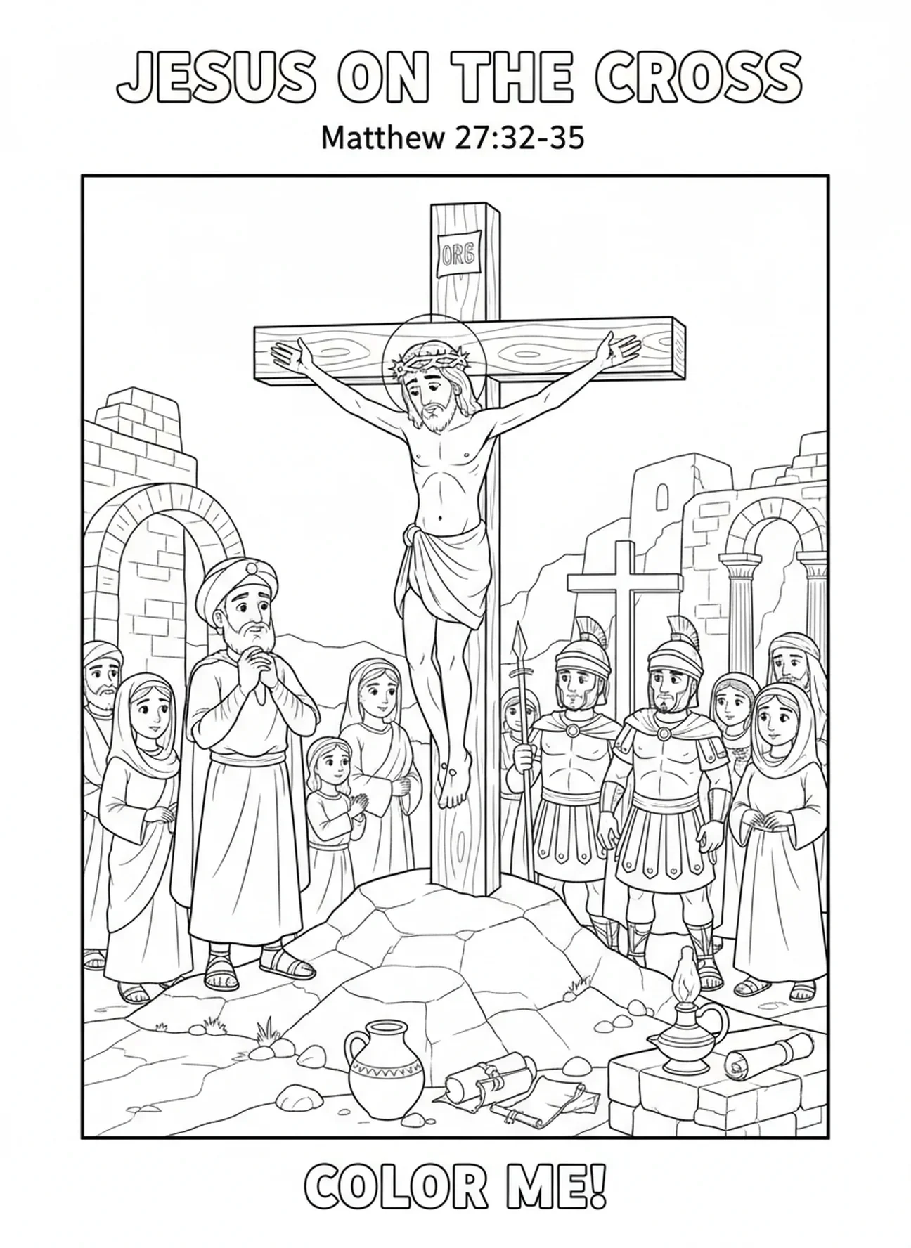 Jésus sur la croix au Golgotha, page à colorier de Simon de Cyrène pour les enfants de l'École du dimanche âgés de 5 à 12 ans.