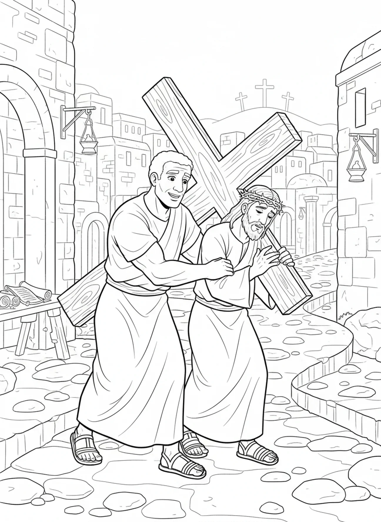Simon aidant Jésus avec compassion, page à colorier de Simon de Cyrène pour les enfants de l'École du dimanche âgés de 5 à 12 ans.