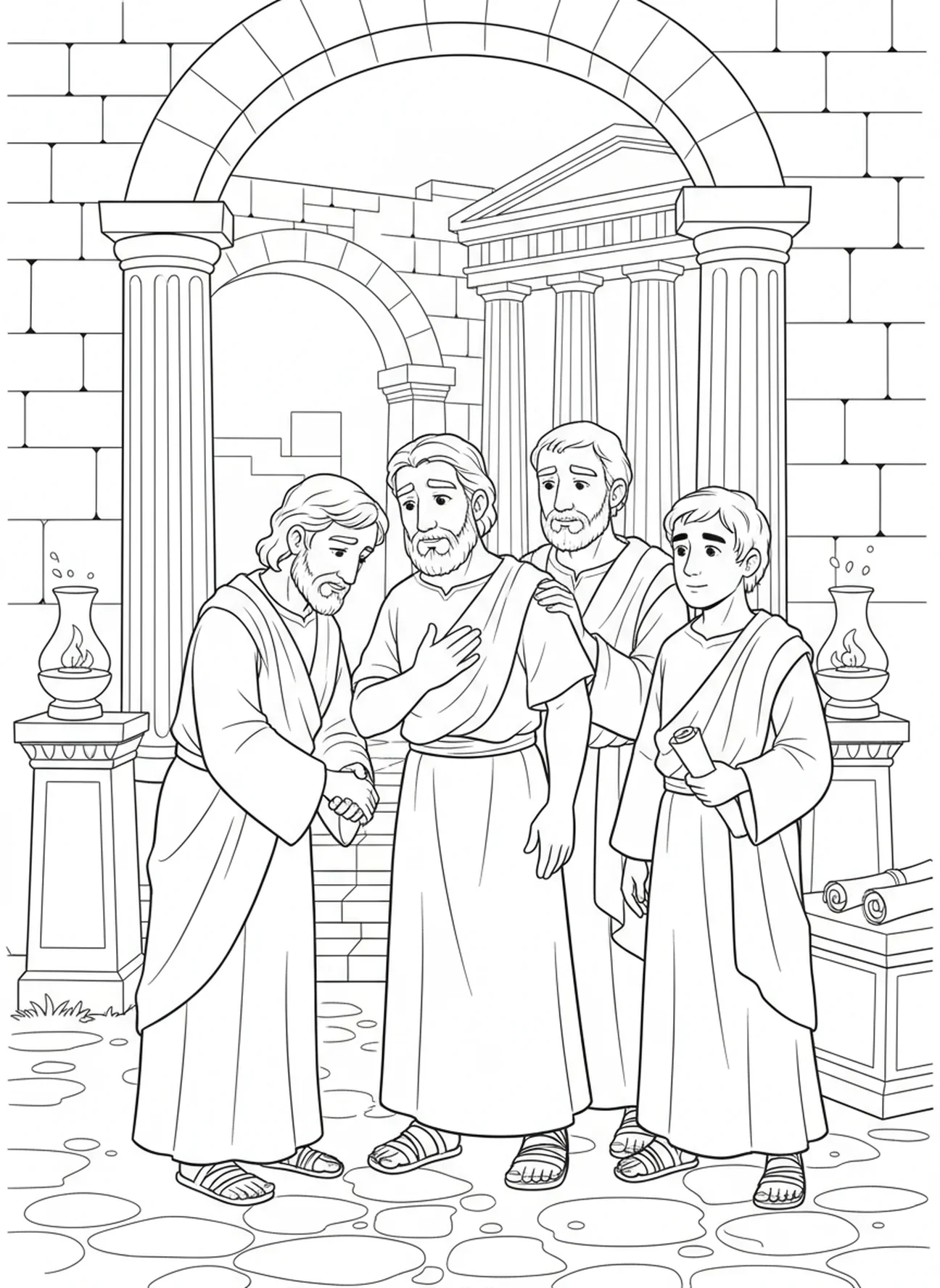 Simon recevant des remerciements des disciples, page à colorier de Simon de Cyrène pour les enfants de l'École du dimanche âgés de 5 à 12 ans.