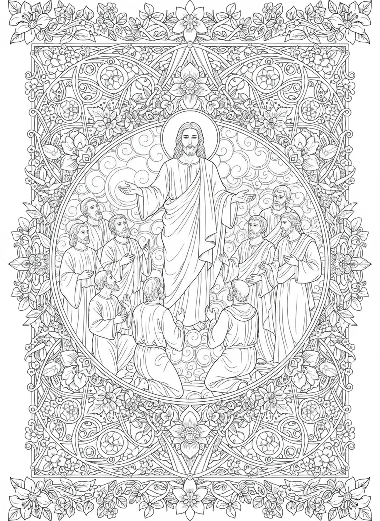Jesus erscheint den Jüngern, Ausmalbild Stationen des Kreuzes 1 für Erwachsene im Bibel-Journaling-Stil.