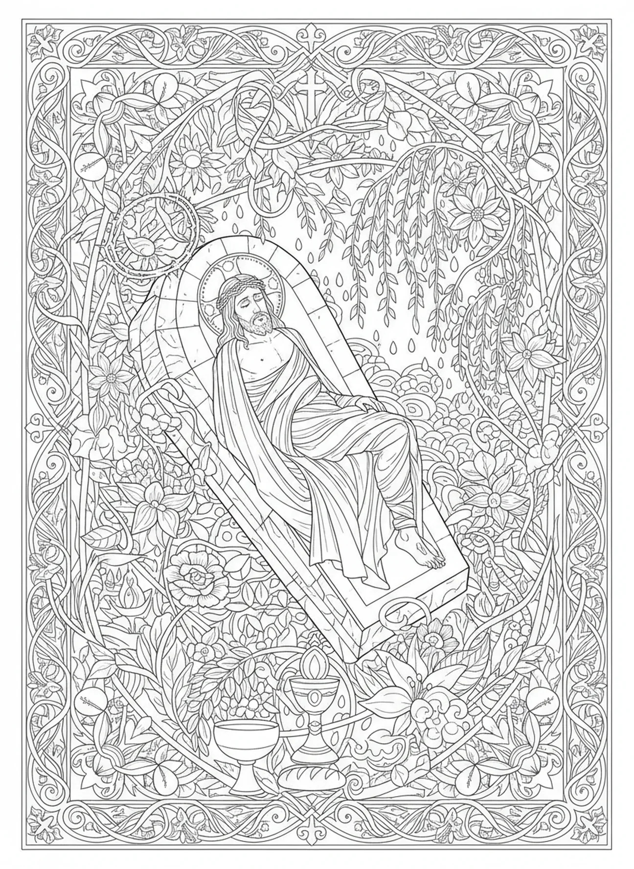 Der Körper Jesu im Grab, Stationen des Kreuzes 1 Ausmalbild für Erwachsene im Stil des Bibel-Journalings.