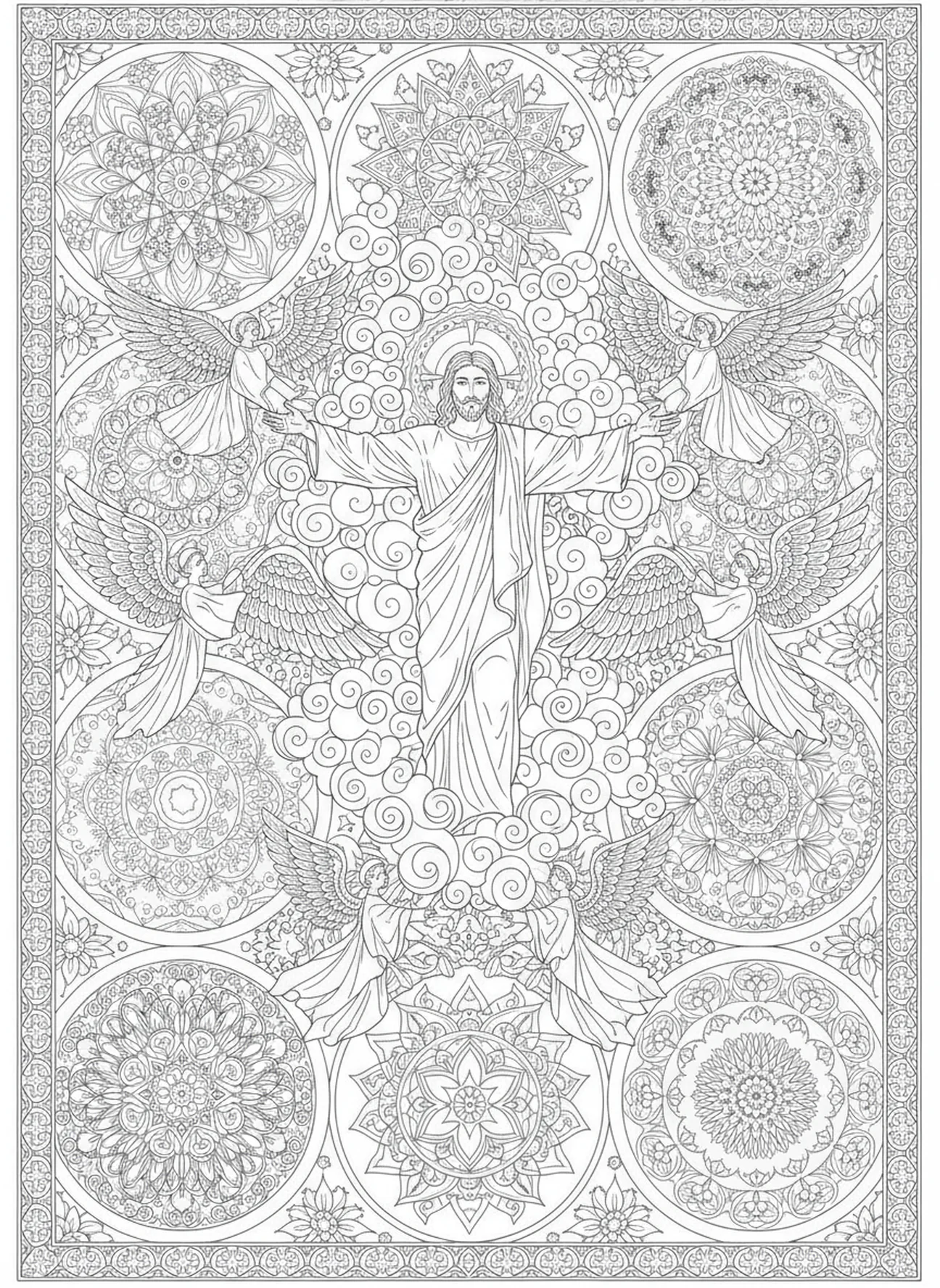 Jesus, der in den Himmel aufsteigt, Stationskreuz 1 Malvorlage für Erwachsene im Stil des Bibeljournaling.