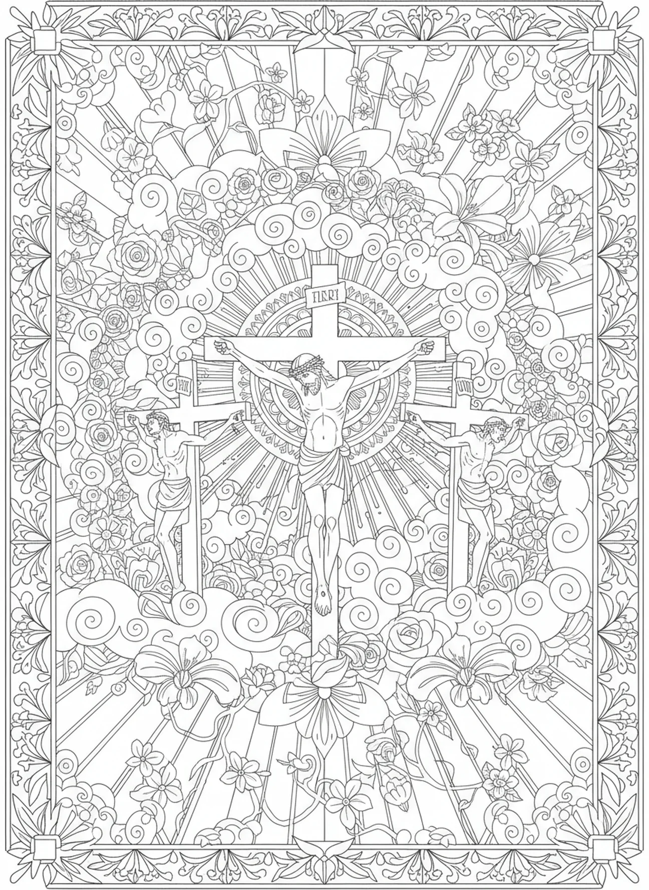 Jesus am Kreuz, Ausmalbild Stationen des Kreuzes 1 für Erwachsene im Stil des Bibel-Journalings.