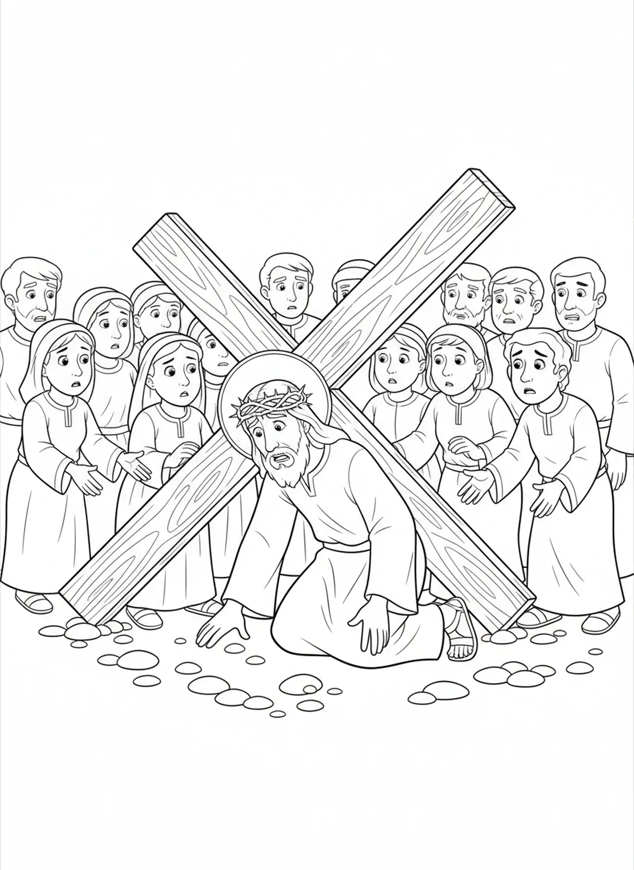 Jesús cayendo con la cruz, página para colorear de las Estaciones de la Cruz 1 para niños de 5 a 10 años.