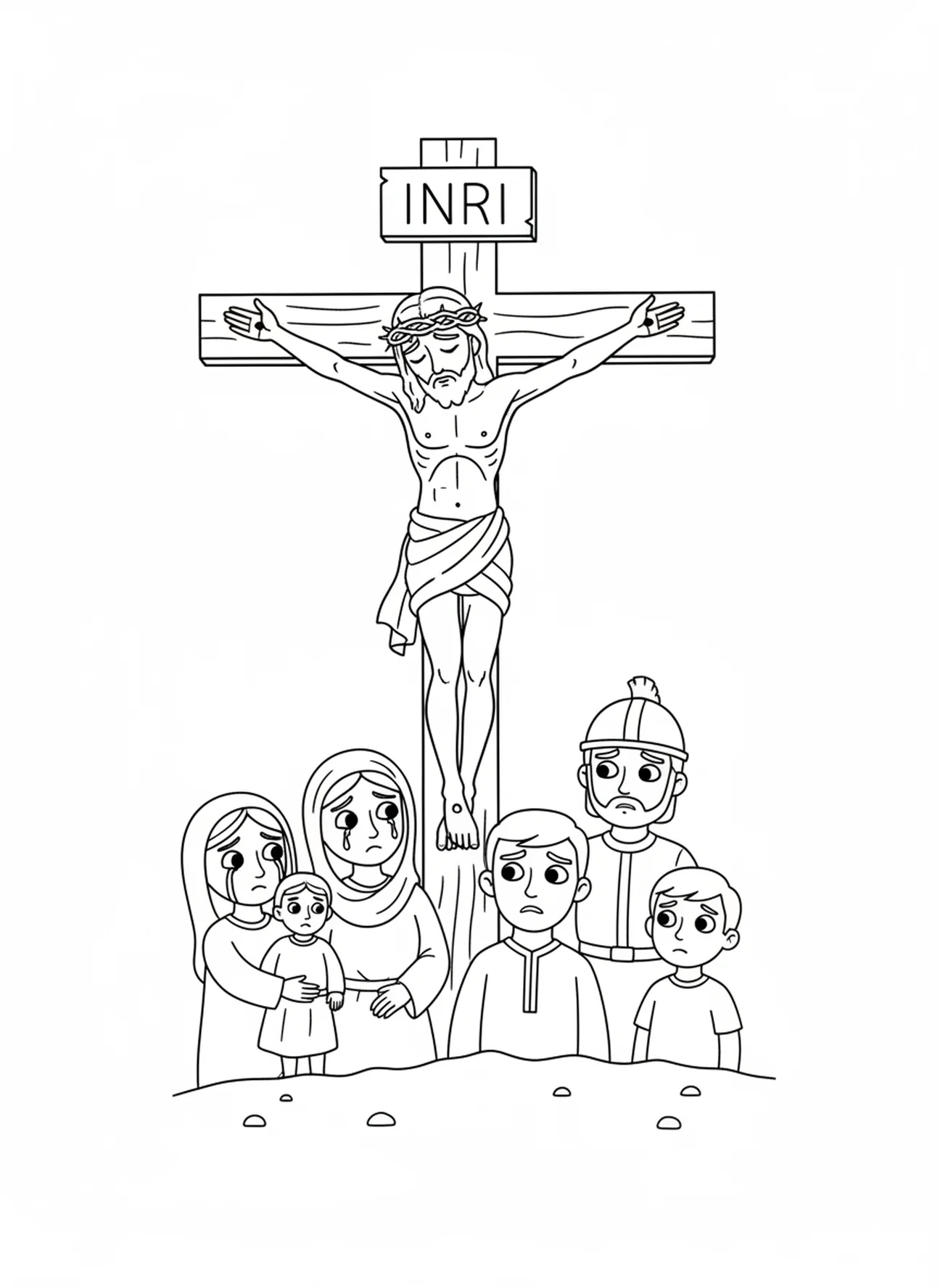 Jesús clavado en la cruz, página para colorear de la Estación de la Cruz 1 para niños de 5 a 10 años.