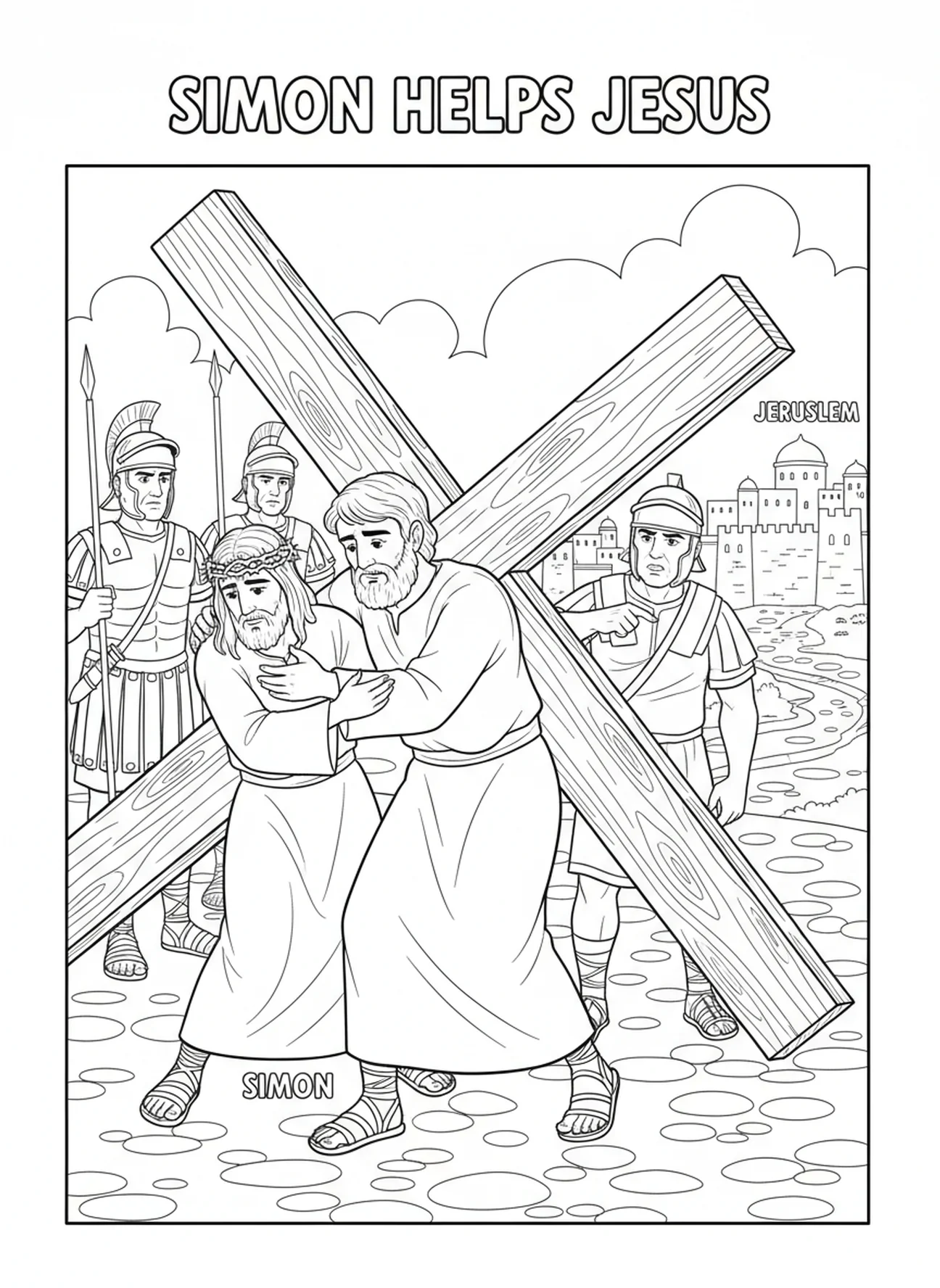 Simón ayudando a Jesús con la cruz, página para colorear de las Estaciones de la Cruz 1 para niños de 5 a 10 años.