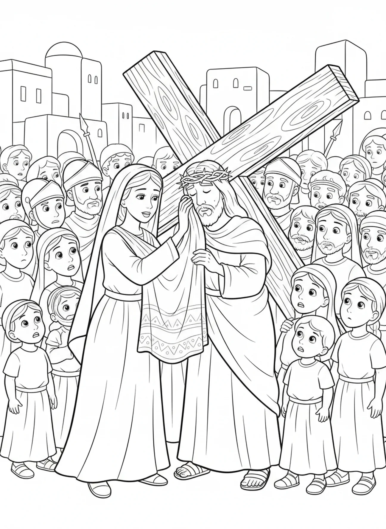 Verónica limpiando el rostro de Jesús, página para colorear de la Estación de la Cruz 1 para niños de 5 a 10 años.
