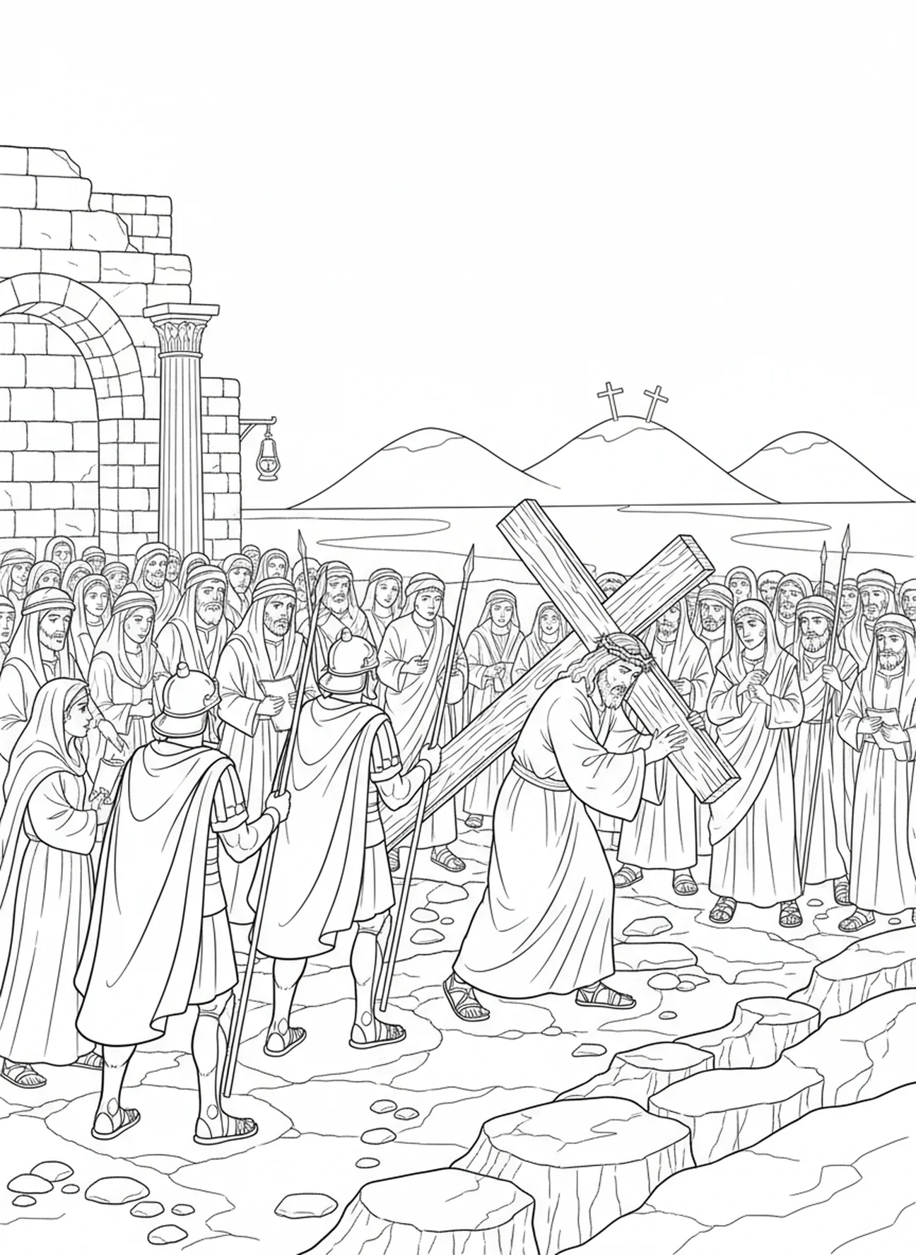 Jezus draagt het kruis naar Golgotha, kleurplaat van de Kruisweg 1 voor Zondagsschoolkinderen van 5-12 jaar.