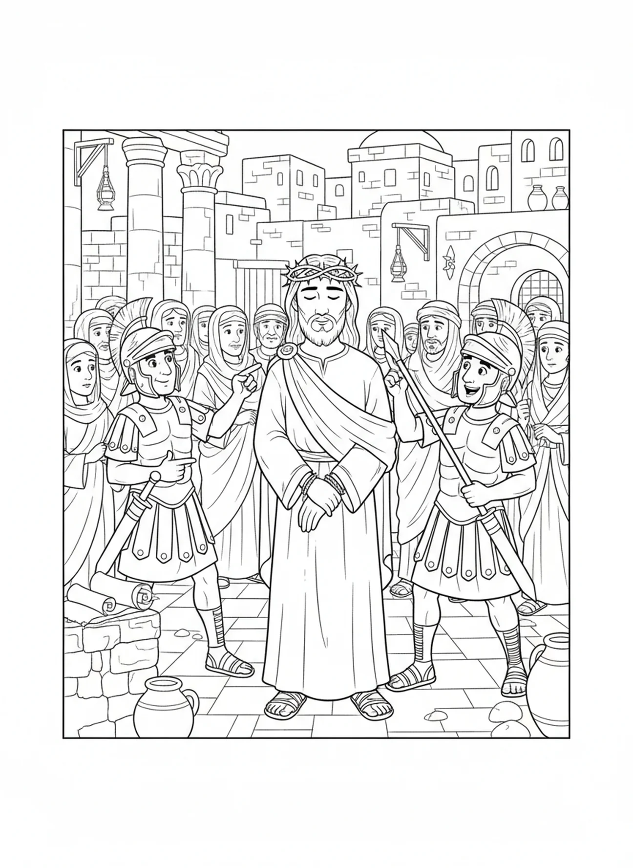 Jezus gekroond met doornen, Kleurplaat van de Kruisweg 1 voor Zondagsschoolkinderen van 5-12 jaar.