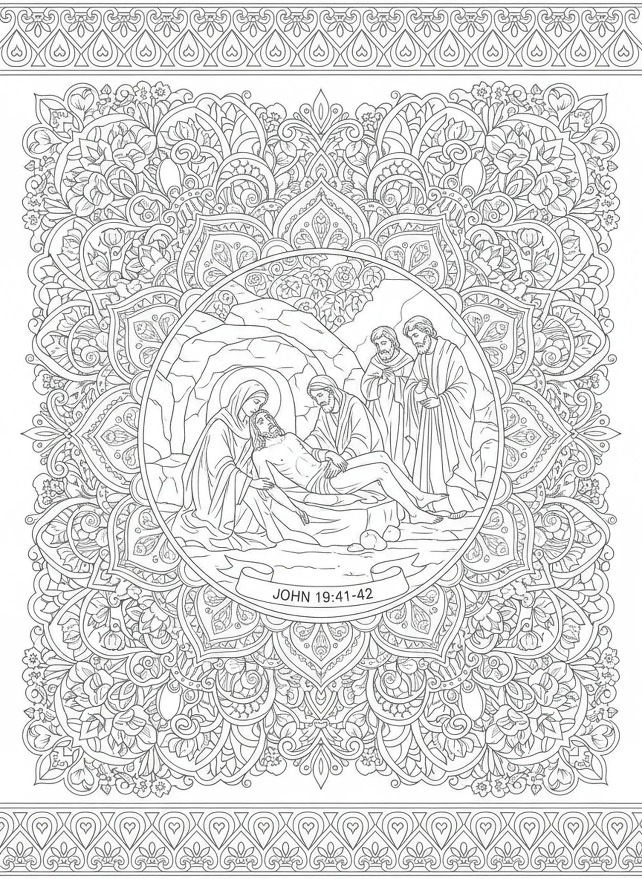 Jesus im Grab, Kreuzweg Station 10 Ausmalbild für Erwachsene im Stil des Bibel-Journaling.