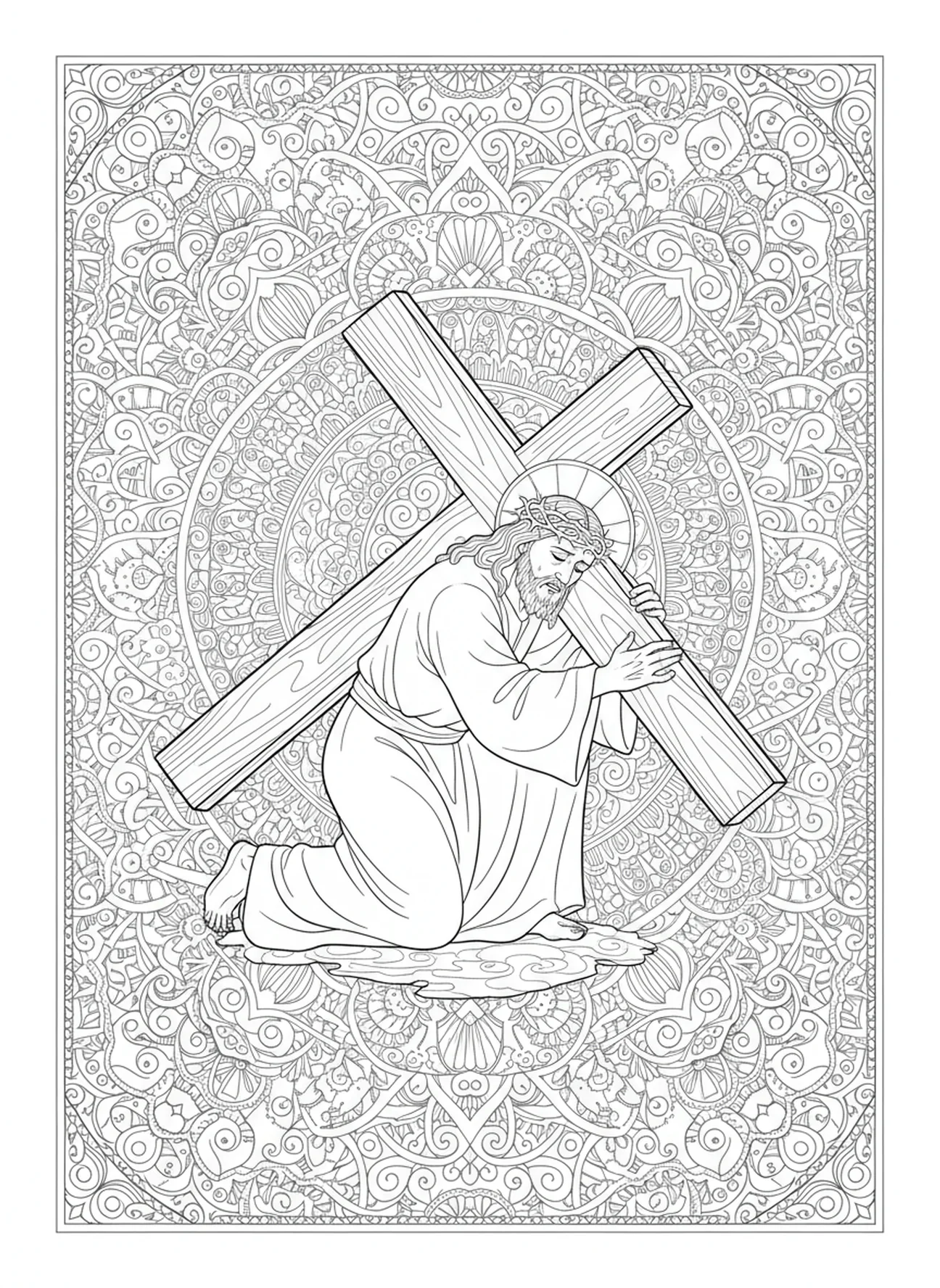 Jesus fällt unter dem Kreuz, Stationskreuz 10 Ausmalbild für Erwachsene im Bibel-Journaling-Stil.