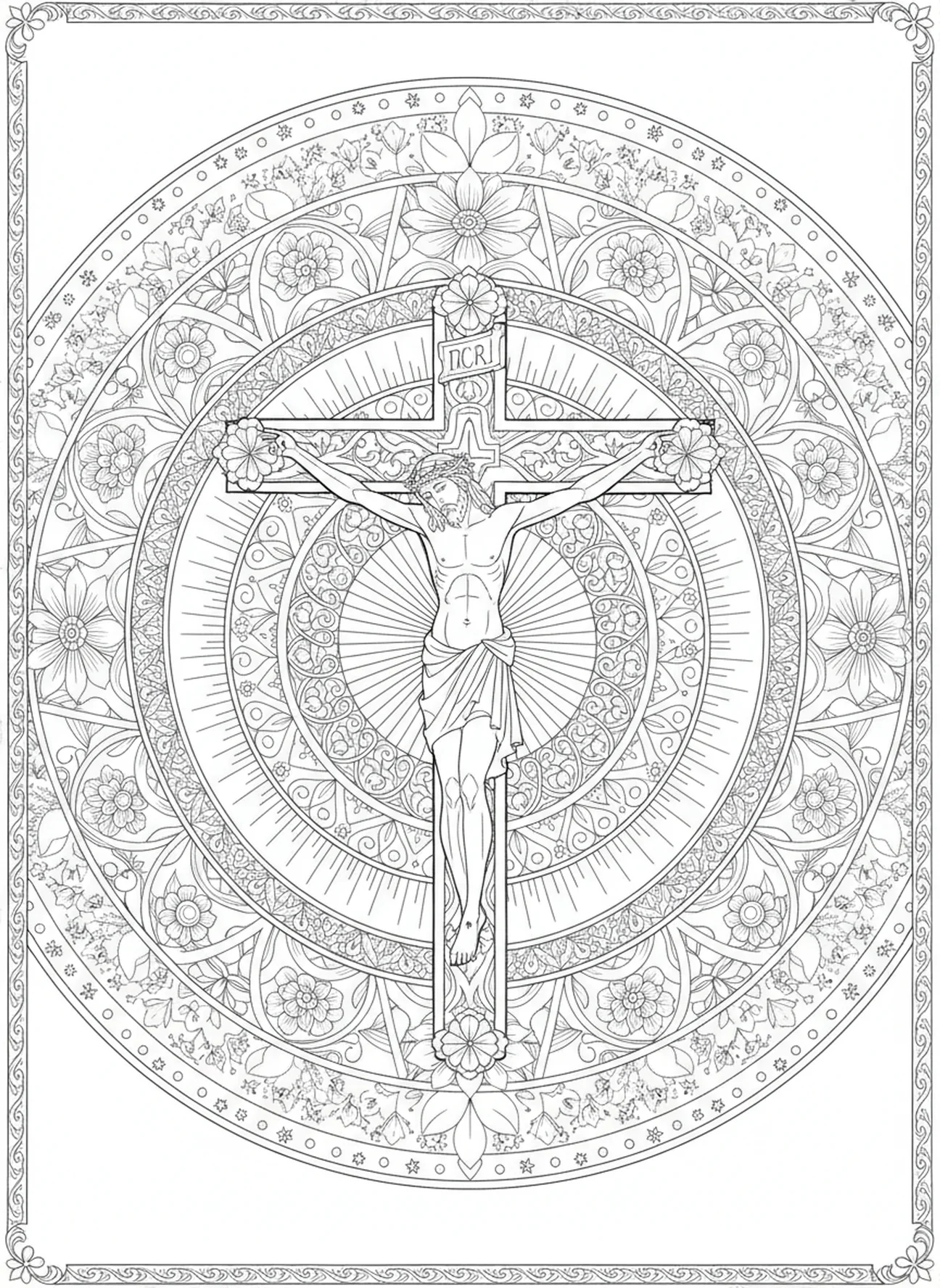 Jesus am Kreuz, Stationskreuz 10 Ausmalbild für Erwachsene im Stil des Bibeljournaling.