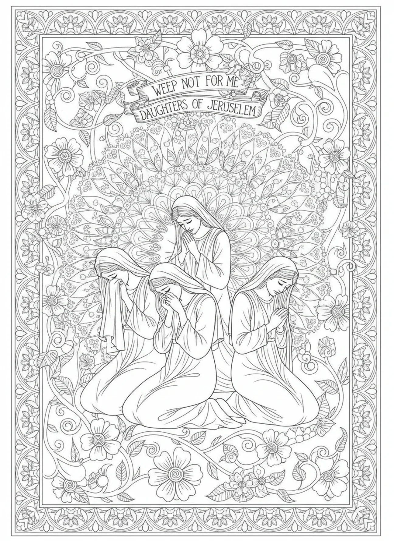 Frauen weinen um Jesus, Kreuzweg Station 10 Ausmalbild für Erwachsene im Bibel-Journaling-Stil.