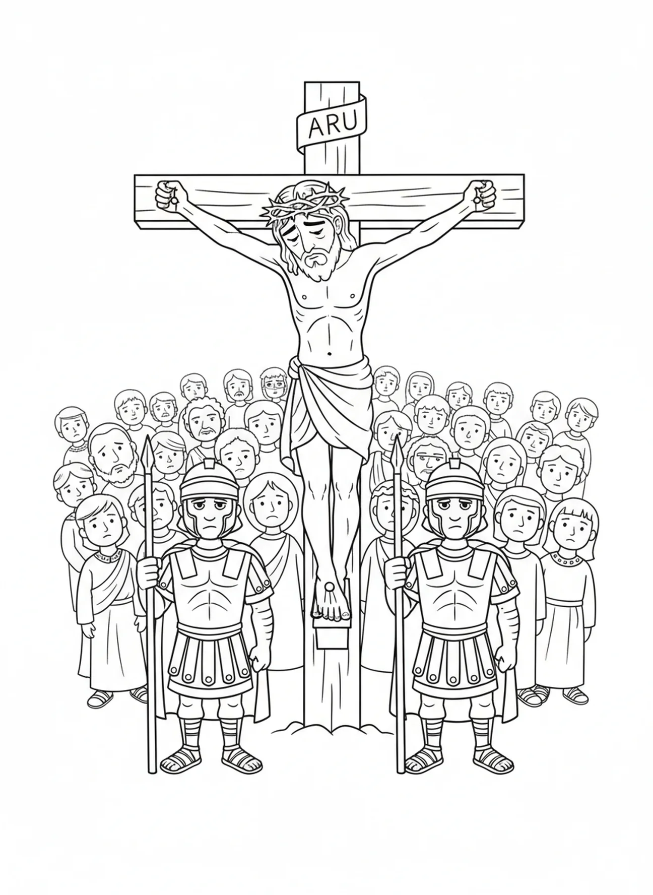 Jesús en la cruz, página para colorear de las Estaciones de la Cruz 10 para niños de 5 a 10 años.