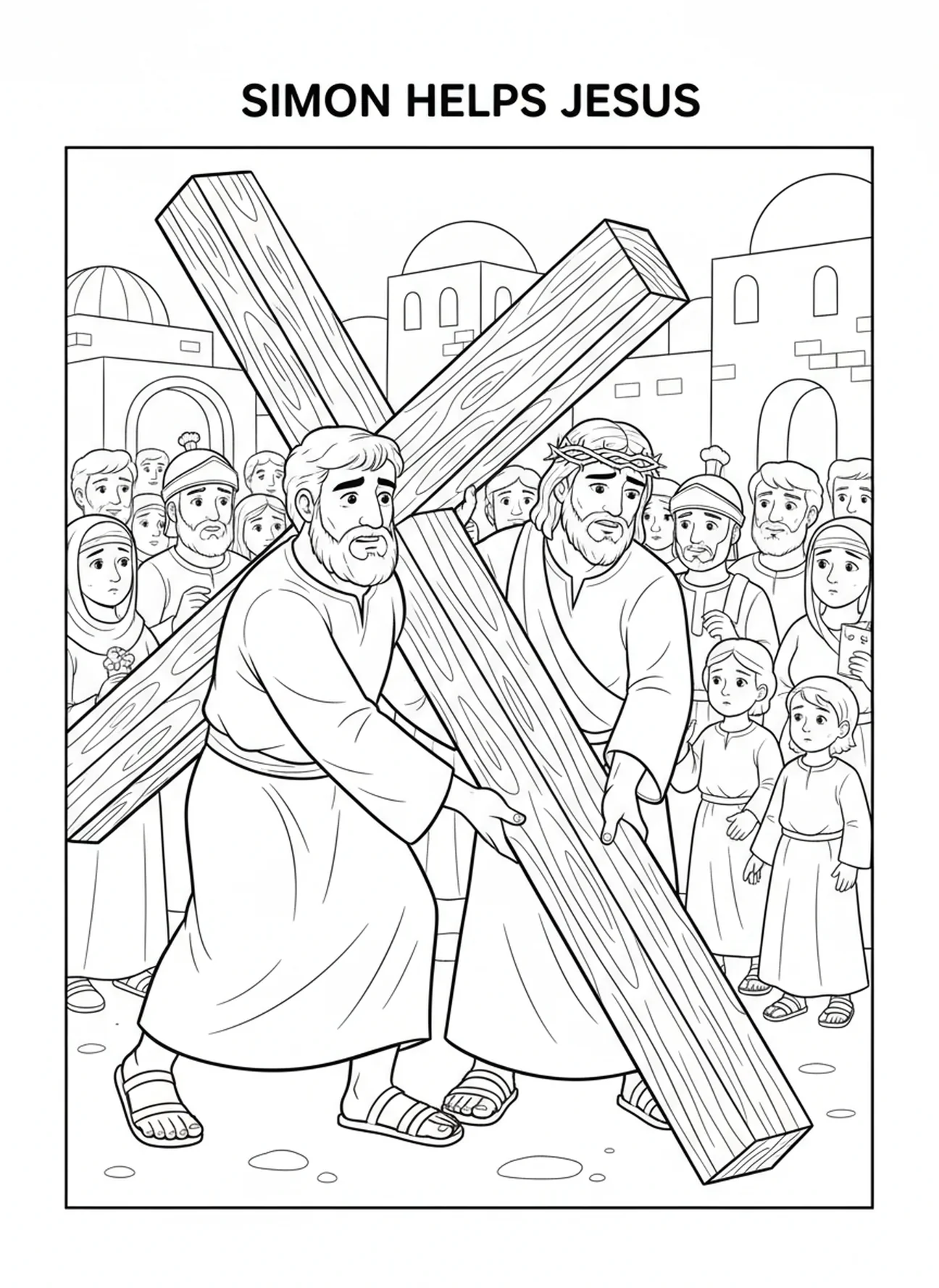 Simón ayudando a Jesús, página para colorear de la Estación de la Cruz 10 para niños de 5 a 10 años.