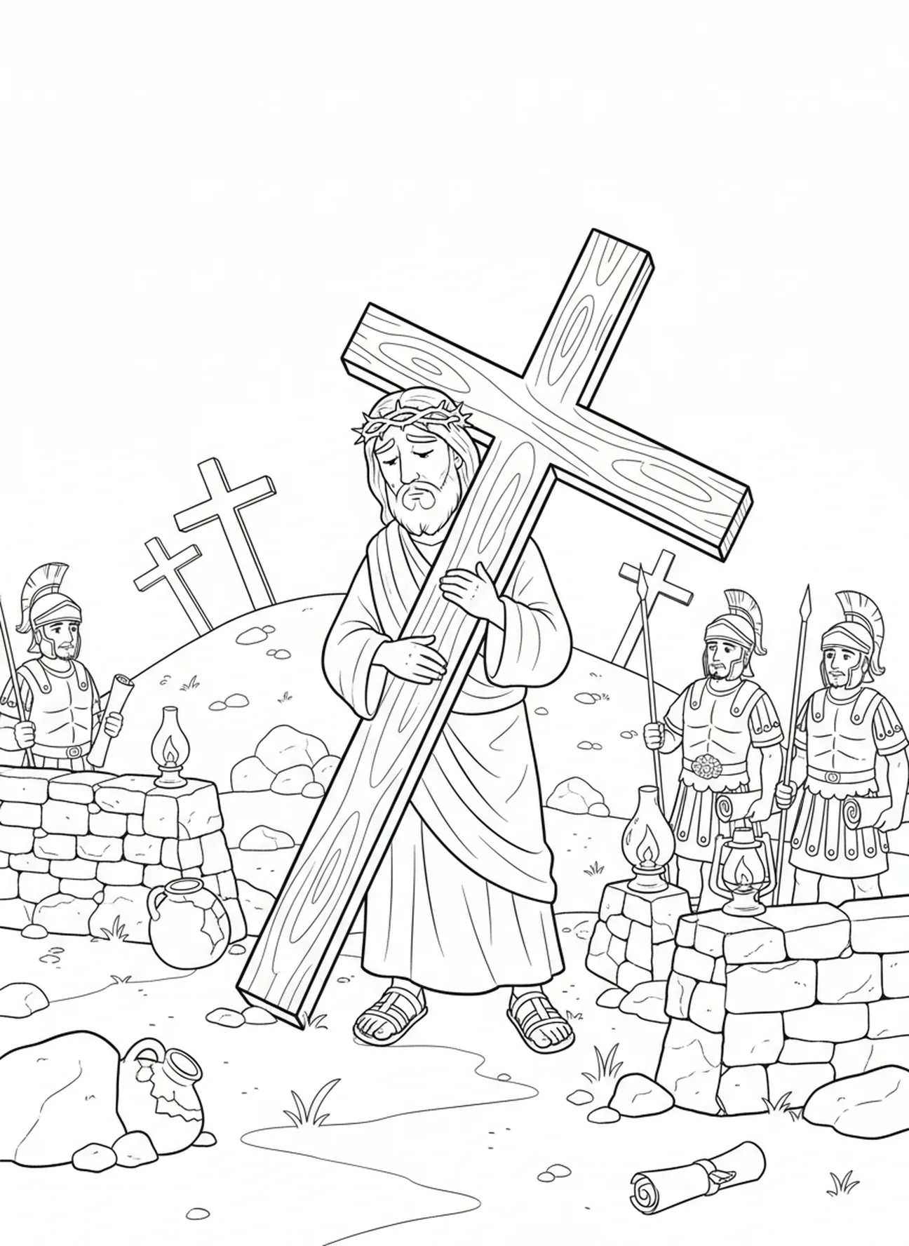 Jezus aan Golgotha, Kleurplaat van het 10e Station van de Kruisweg voor Zondagsschoolkinderen van 5-12 jaar.