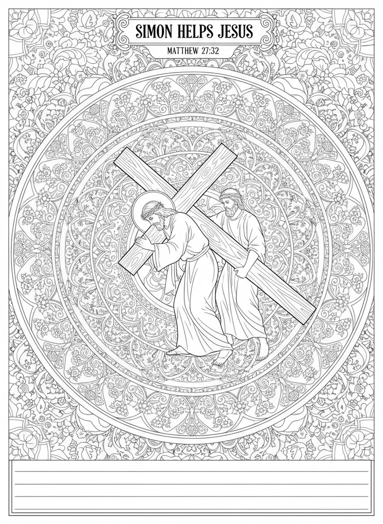 Simón ayudando a Jesús a llevar la cruz, página para colorear de la Undécima Estación de la Cruz en estilo de journaling bíblico para adultos.