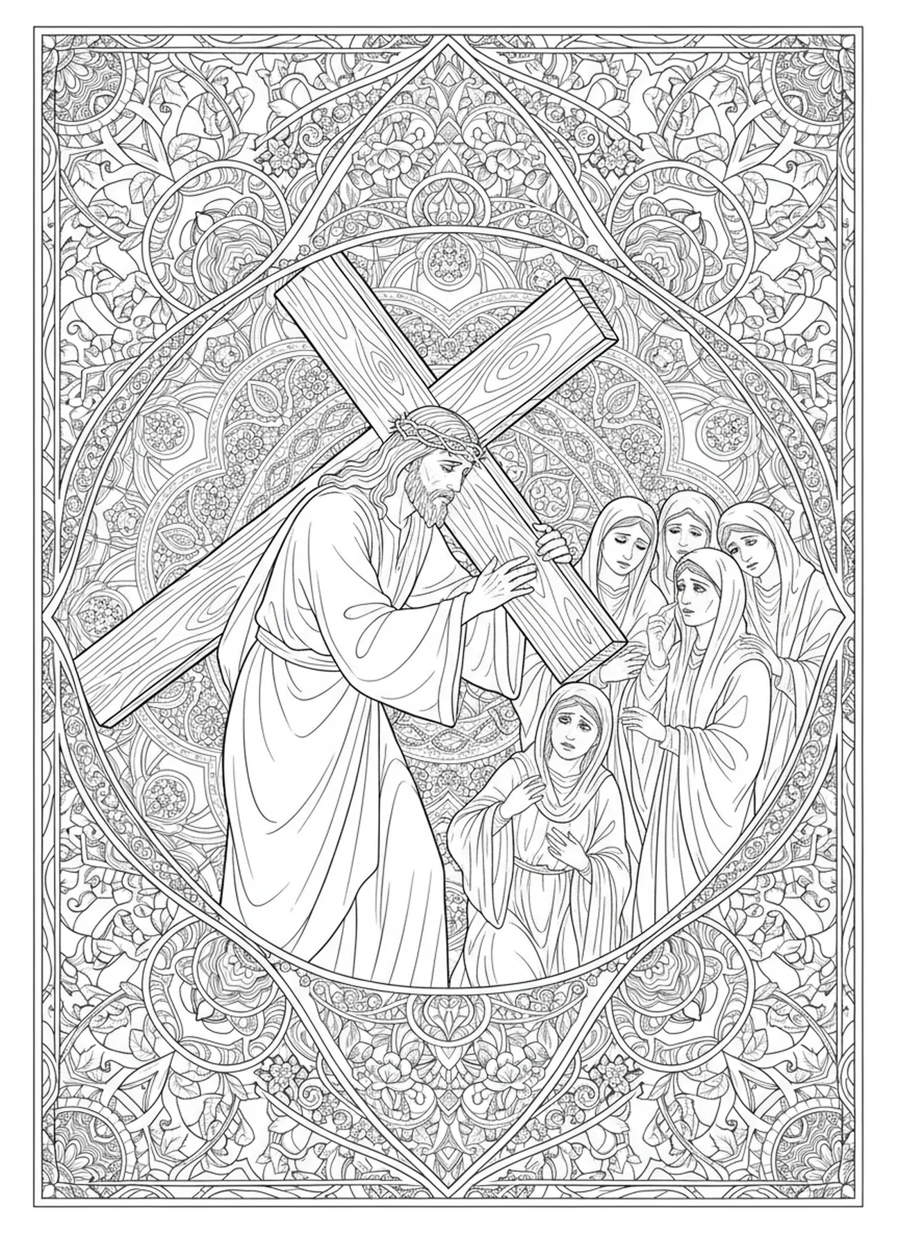 Jesús encontrándose con las mujeres de Jerusalén, página para colorear de la Undécima Estación de la Cruz en estilo de journaling bíblico para adultos.