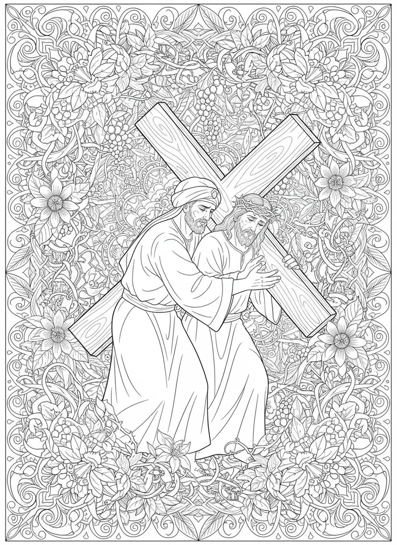 Simón ayudando a Jesús con la cruz, página para colorear de la Undécima Estación de la Cruz en estilo de diario bíblico para adultos.