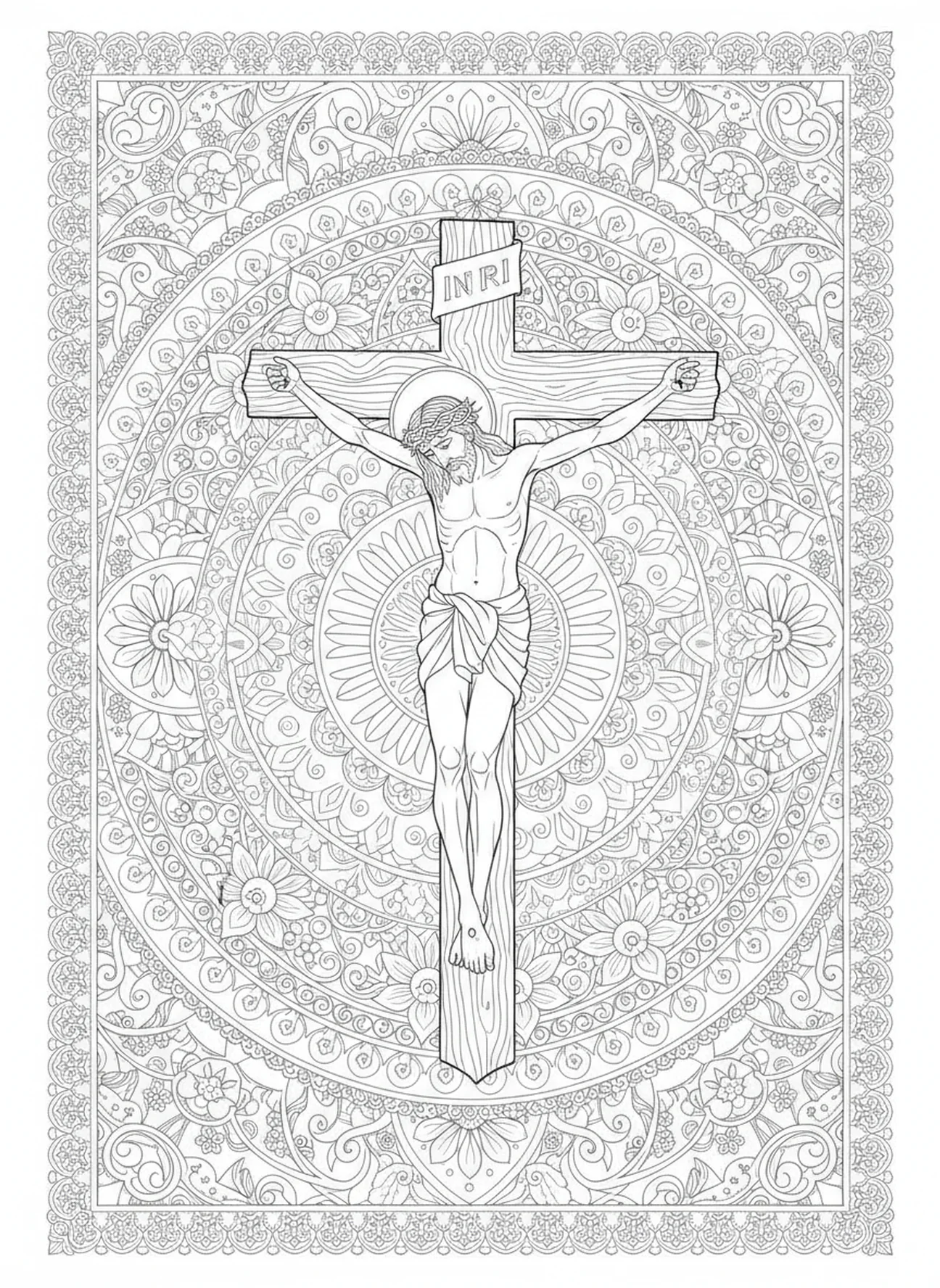 Jesús clavado en la cruz, página para colorear de la Undécima Estación de la Cruz en estilo de journaling bíblico para adultos.