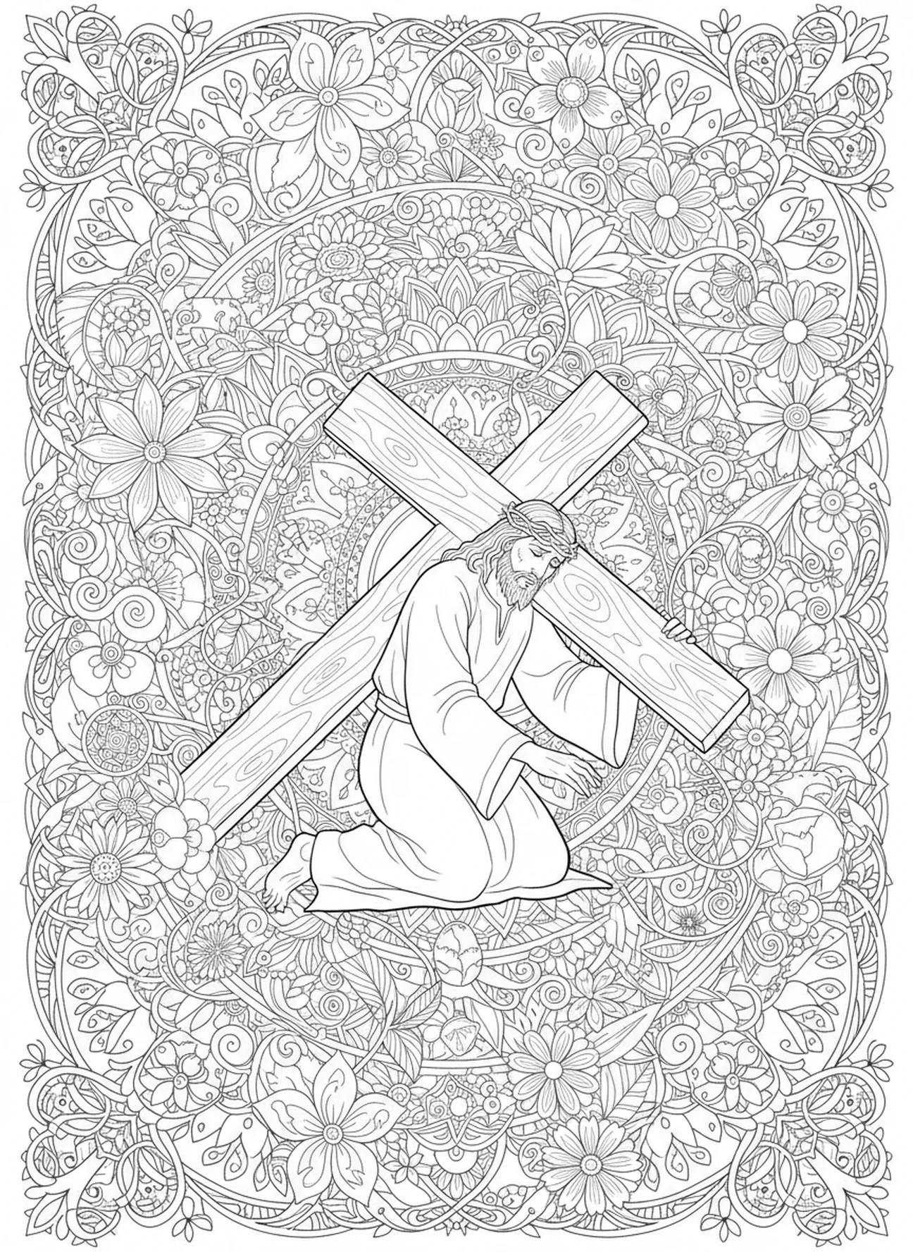 Jesús cayendo bajo la cruz, página para colorear de la 11ª Estación de la Cruz en estilo de journaling bíblico para adultos.