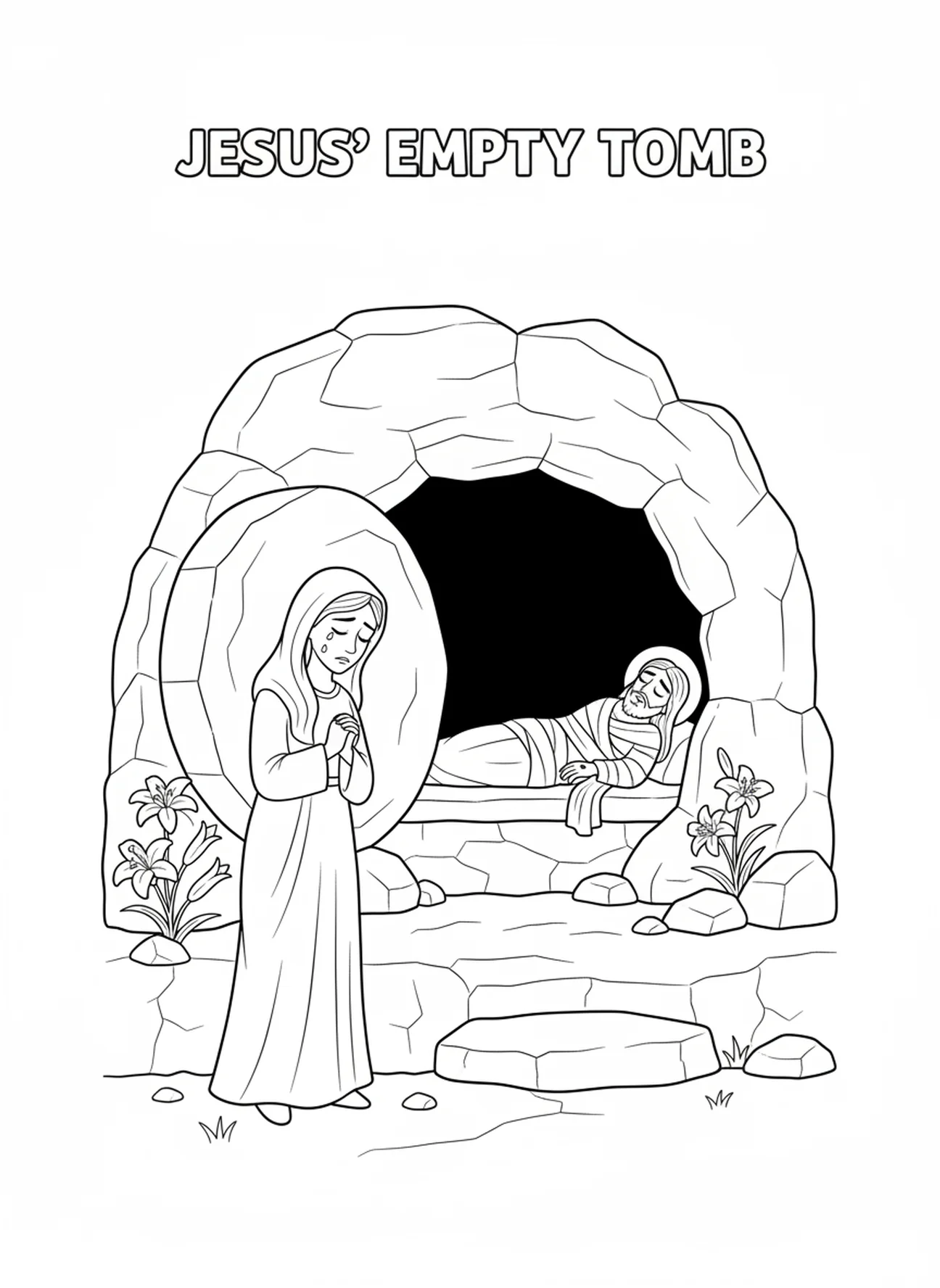 Jesús en la tumba, página para colorear de la Estación de la Cruz 11 para niños de 5 a 10 años