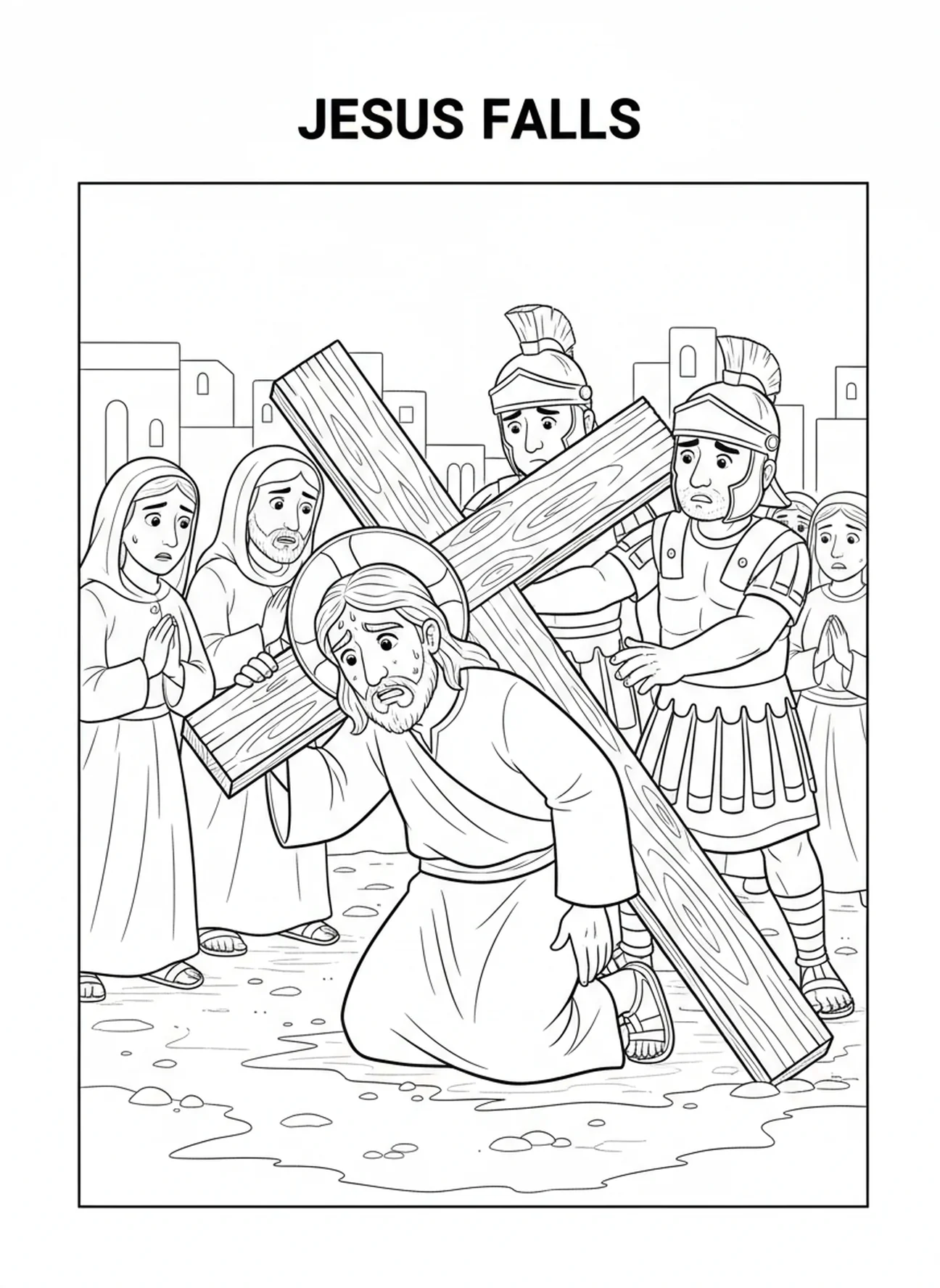 Jesús cayendo bajo la cruz, página para colorear de la Estación de la Cruz 11 para niños de 5 a 10 años