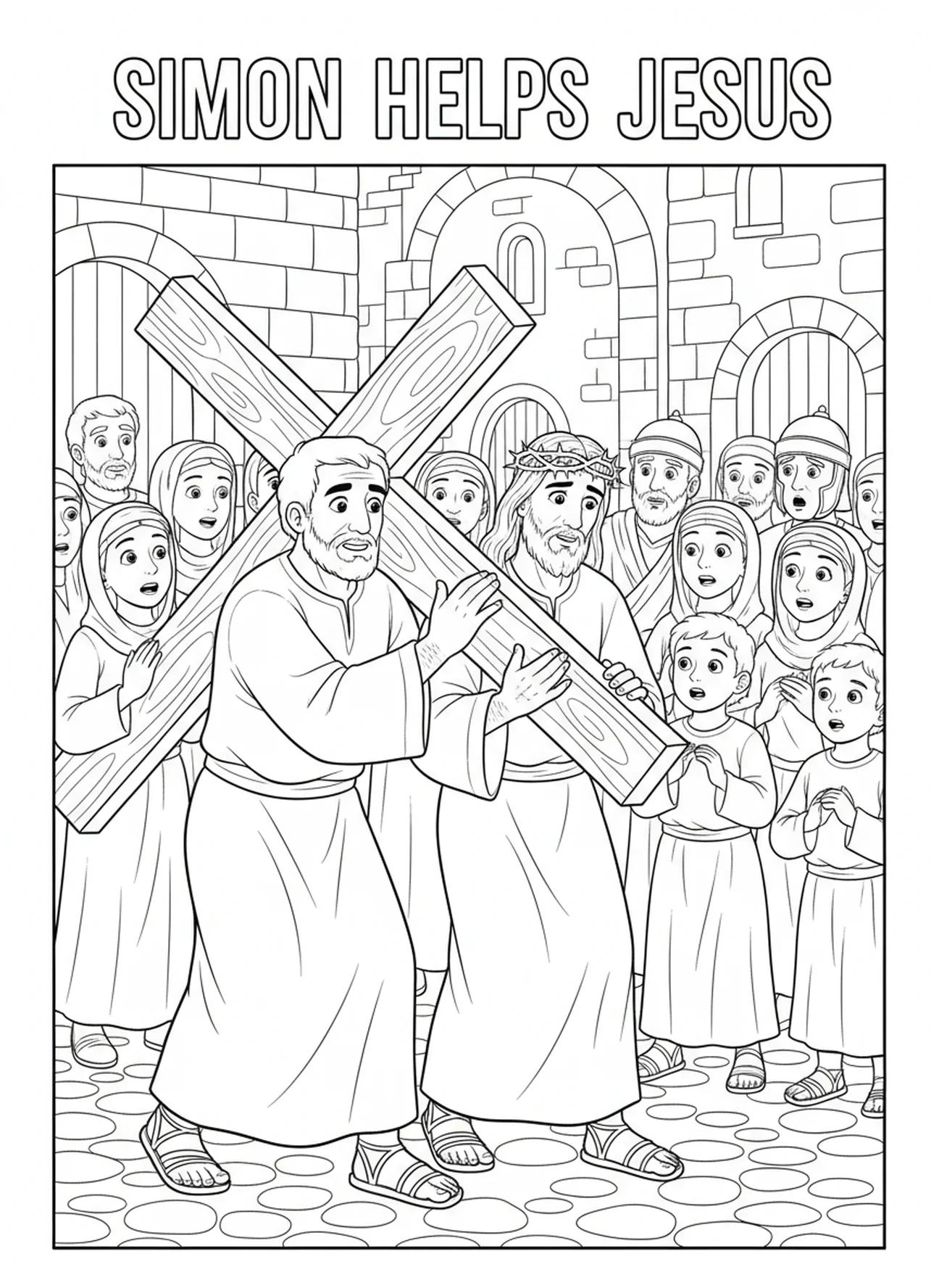 Simón ayudando a Jesús a cargar la cruz, página para colorear de la Estación de la Cruz 11 para niños de 5 a 10 años