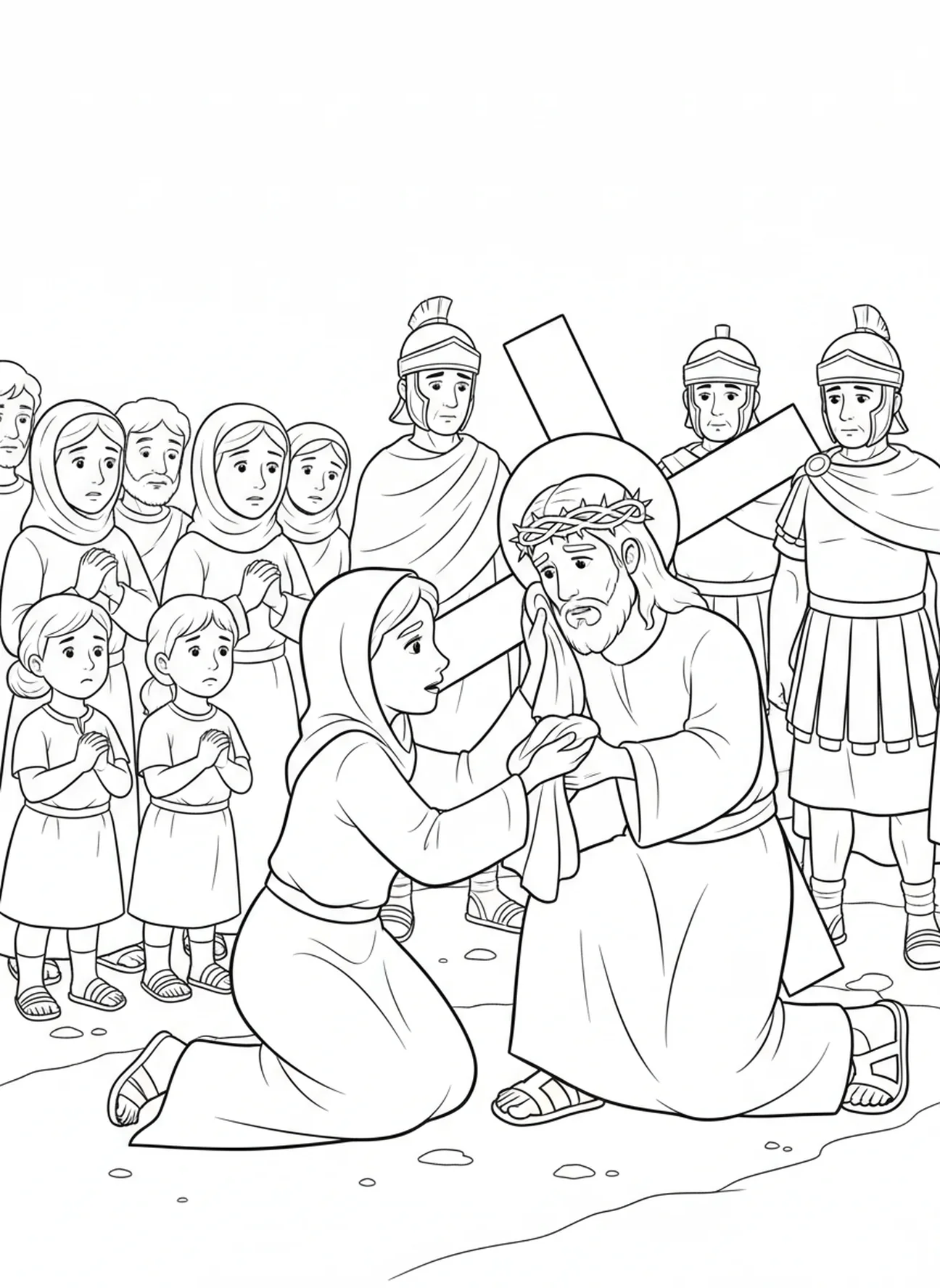 Verónica limpiando el rostro de Jesús, página para colorear de la 11ª estación de la Cruz para niños de 5 a 10 años