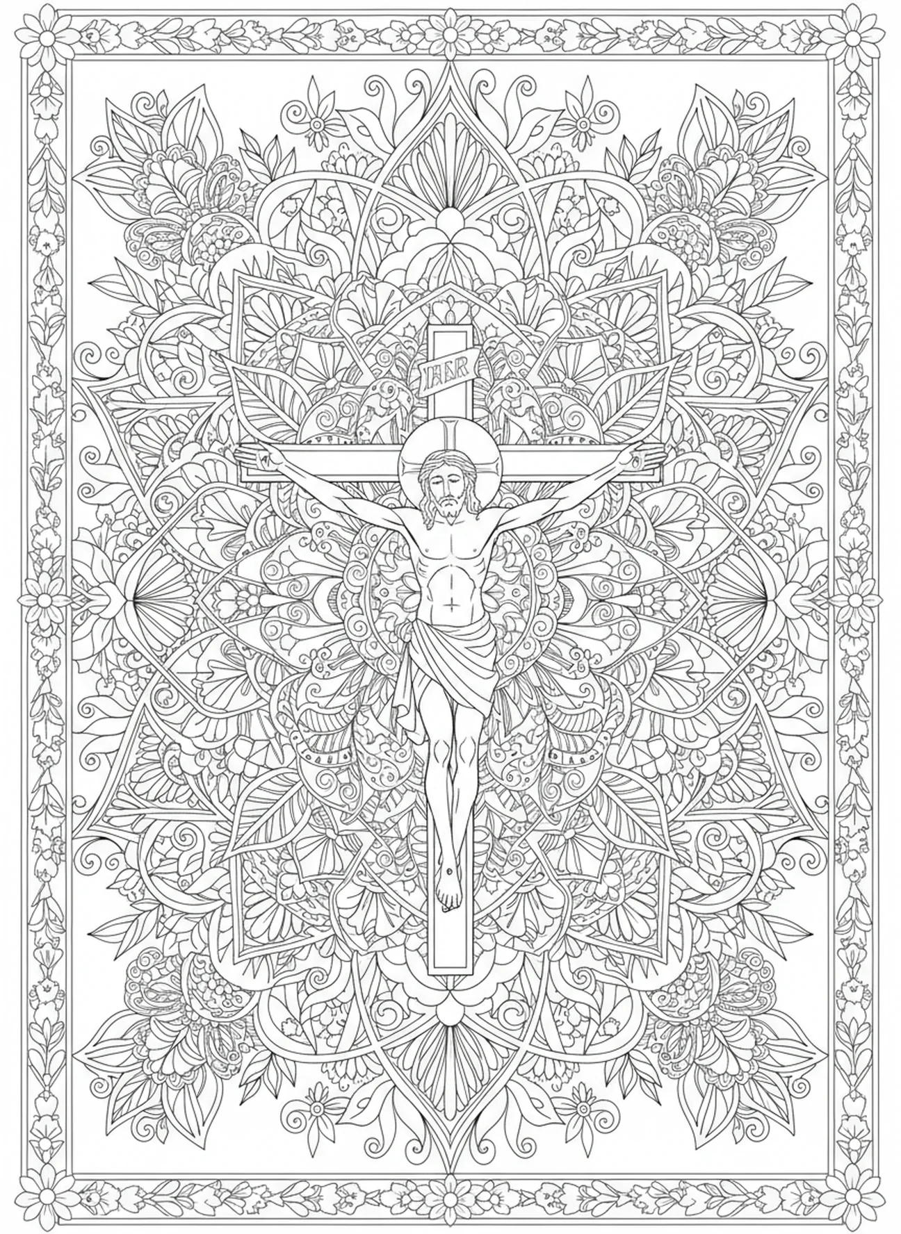 Jesús crucificado en la cruz, página para colorear de la Estación de la Cruz 12 en estilo de journaling bíblico para adultos.