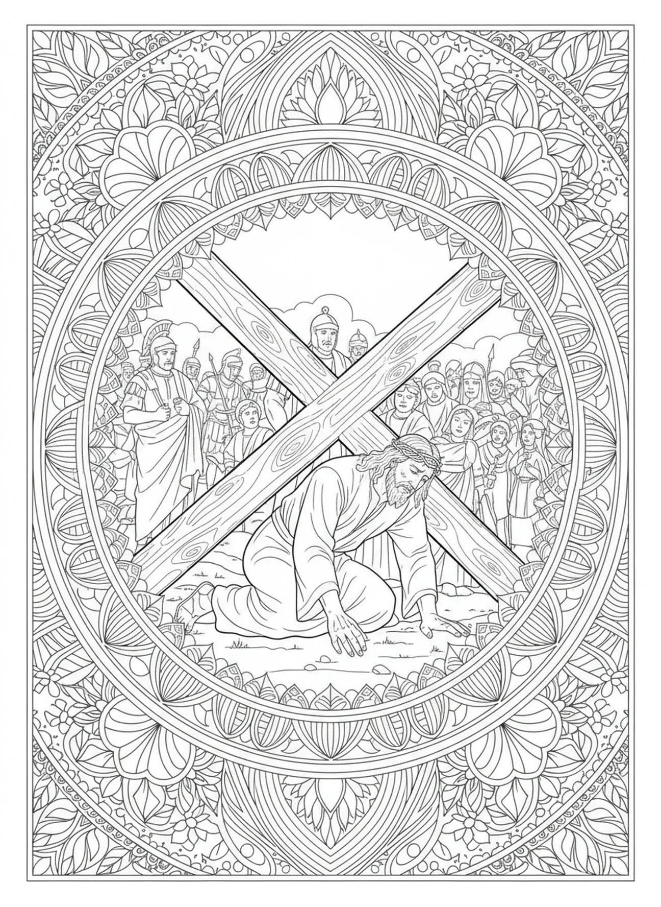 Jesús cayendo bajo la cruz, página para colorear de la 12ª estación de la Cruz en estilo de journaling bíblico para adultos.