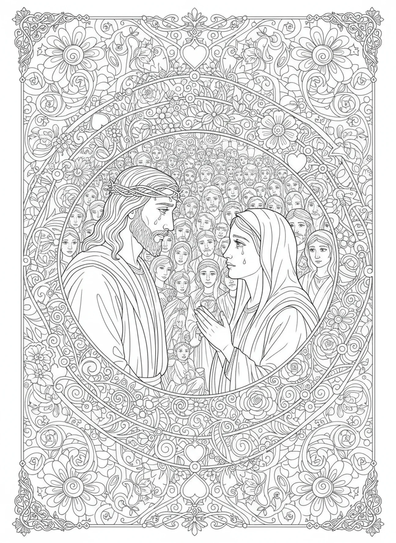 Jesús se encuentra con María, página para colorear de la 12ª estación de la Cruz, estilo de journaling bíblico para adultos.