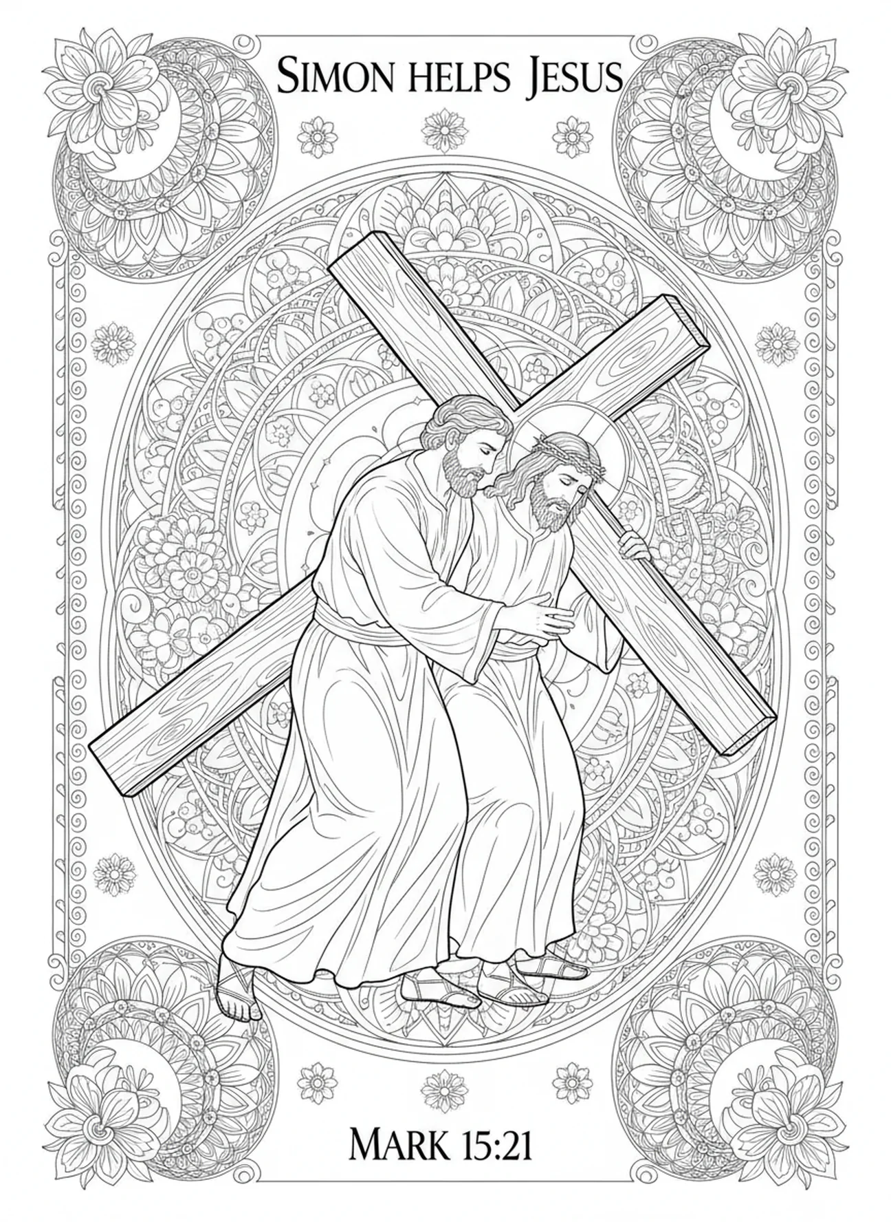 Simón ayudando a Jesús a llevar la cruz, página para colorear de la 12ª Estación de la Cruz en estilo de journaling bíblico para adultos.