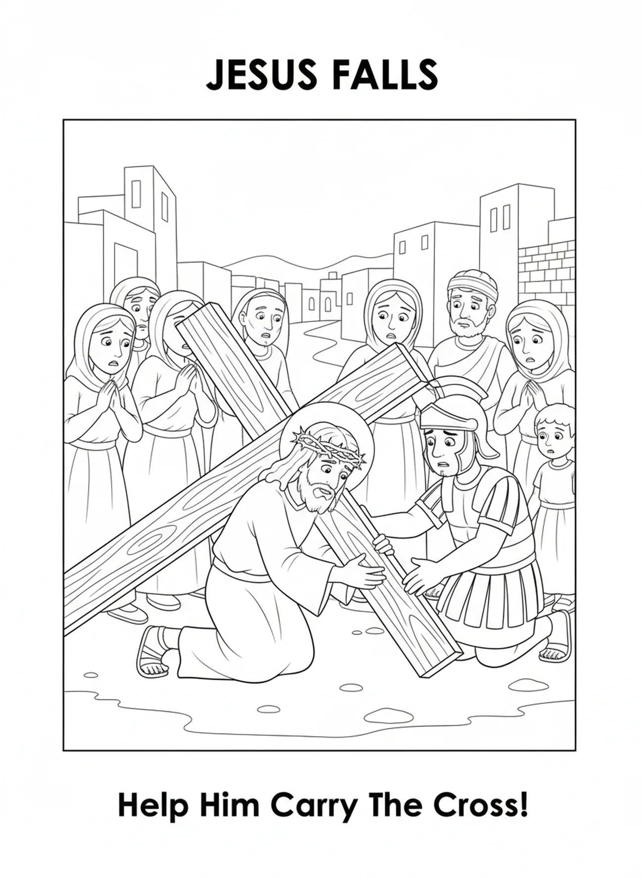 Jesús cayendo con la cruz, página para colorear de la Estación de la Cruz 12 para niños de 5 a 10 años