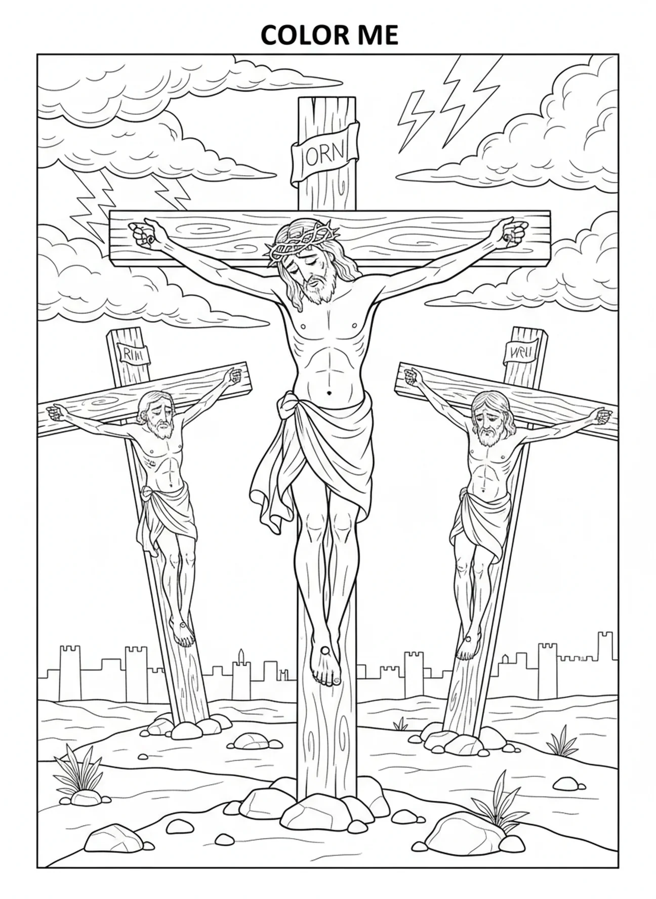 Jesús en la cruz, página para colorear de la Estación de la Cruz 12 para niños de 5 a 10 años