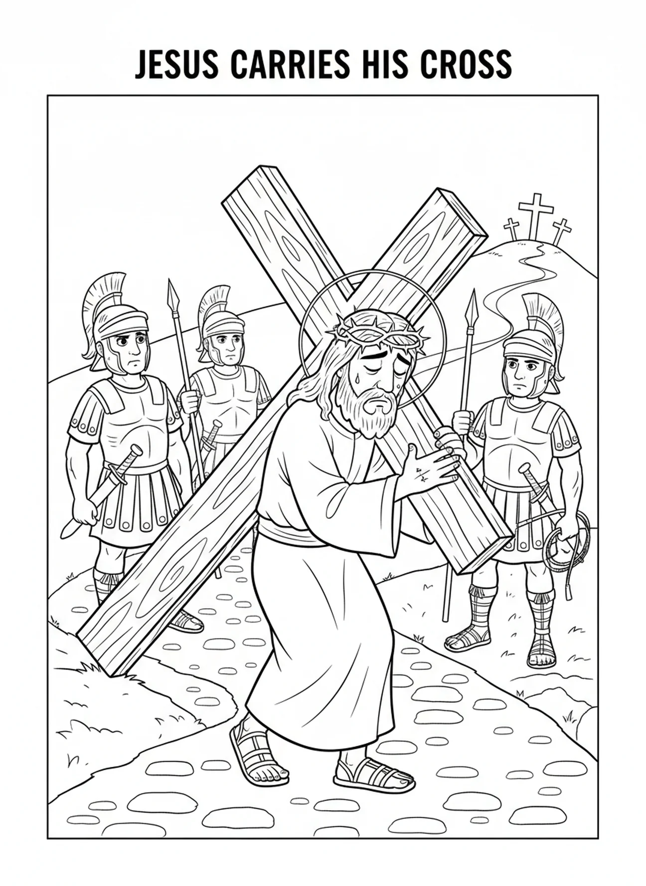 Jesús caminando con la cruz, página para colorear de las 12 estaciones de la cruz para niños de 5 a 10 años