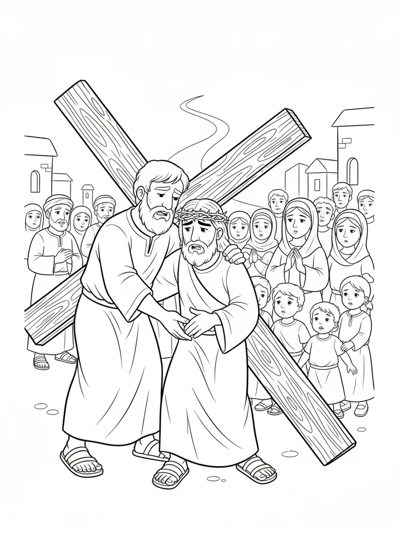 Simón ayudando a Jesús, página para colorear de la Estación 12 de la Cruz para niños de 5 a 10 años