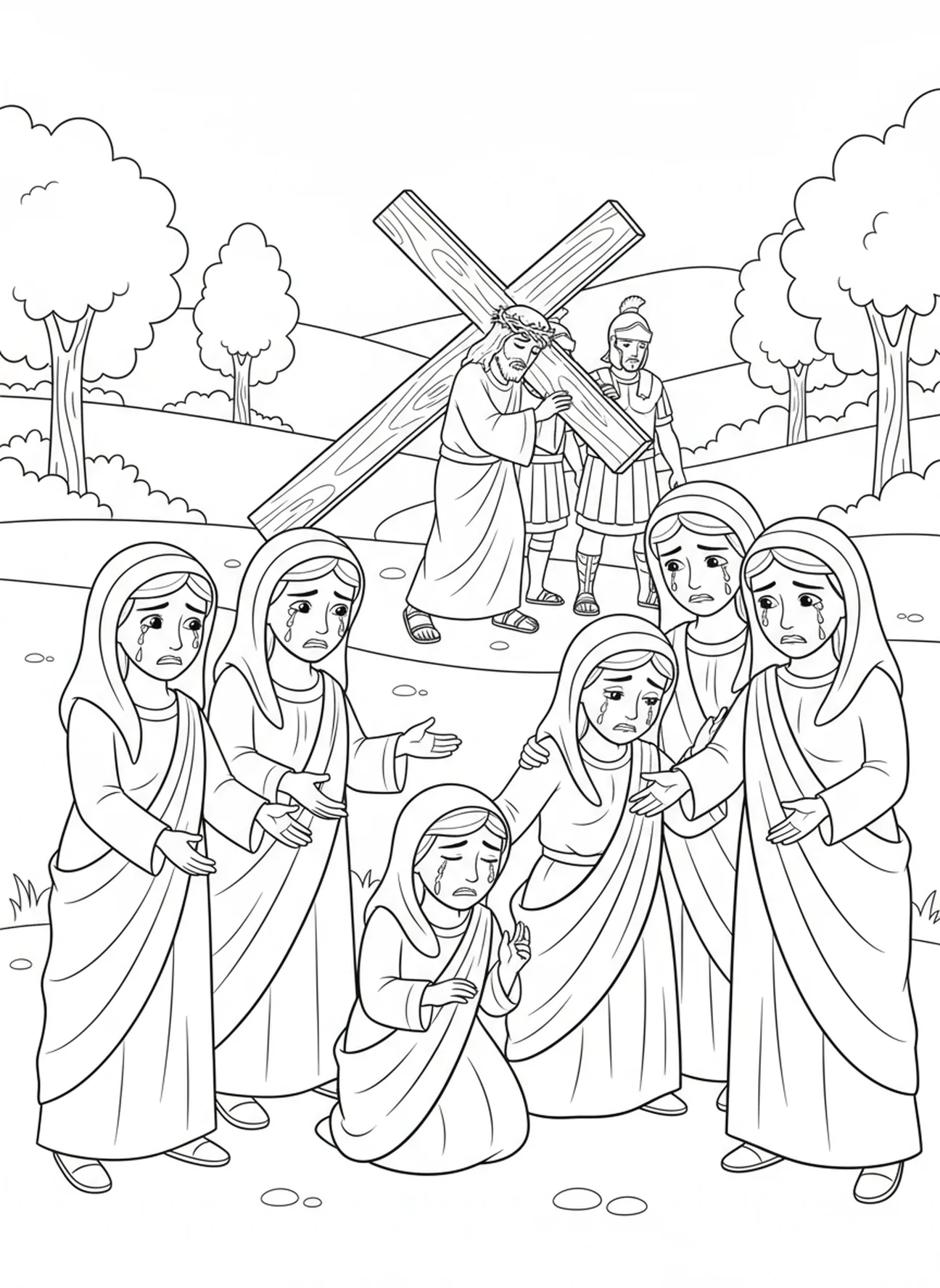 Mujeres llorando por Jesús, página para colorear de la Estación de la Cruz 12 para niños de 5 a 10 años