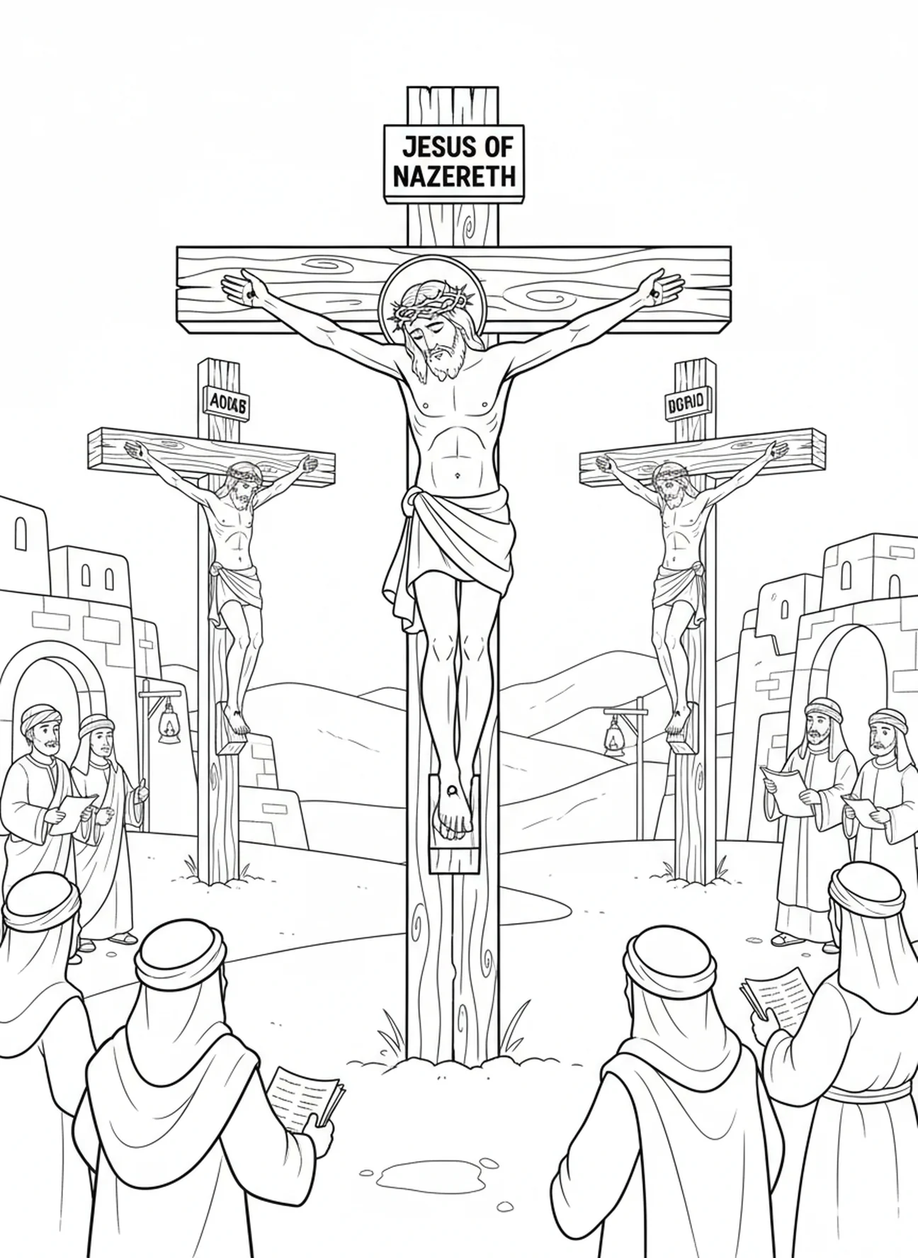 Jezus aan het kruis, kleurplaat van de 12de statie voor Zondagsschoolkinderen van 5-12 jaar.