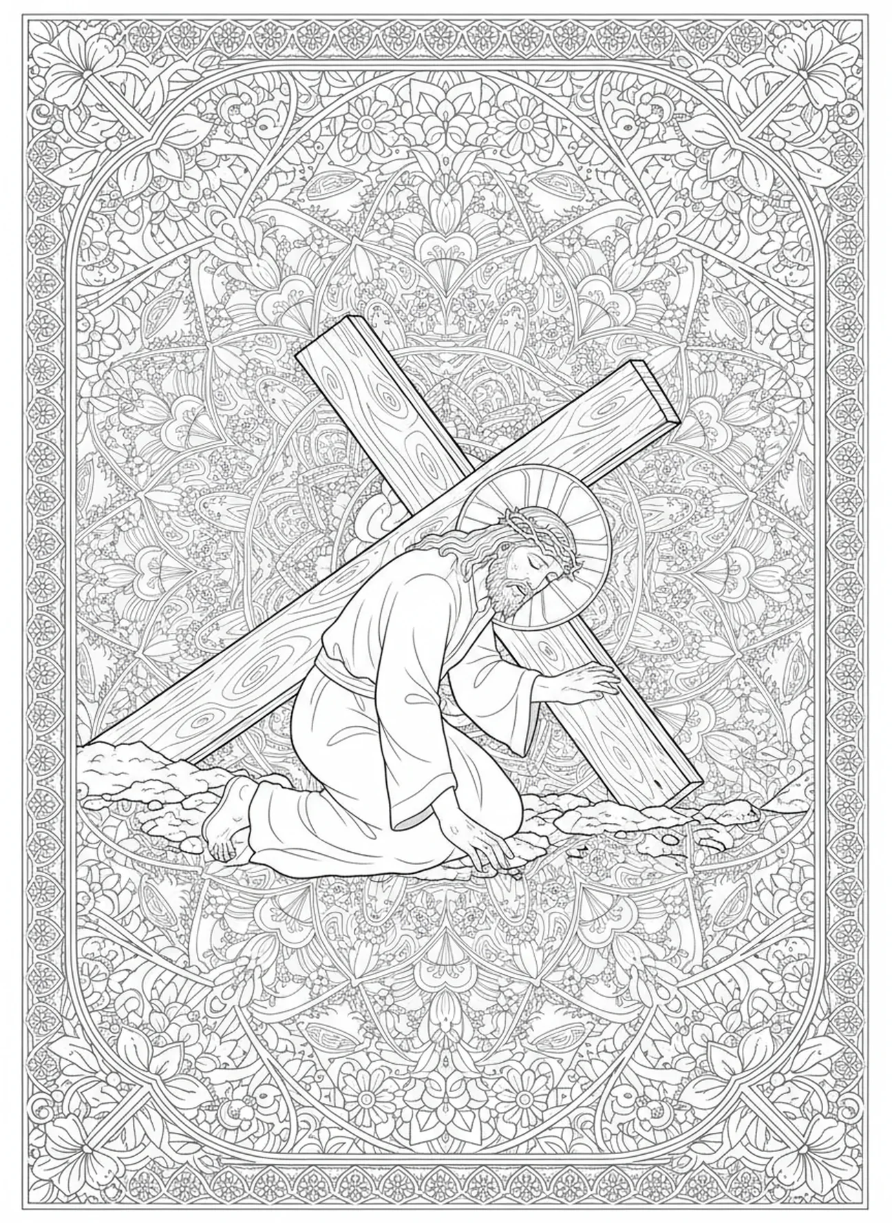 Jésus tombe pour la troisième fois, page de coloriage des Stations de la Croix 13 pour adultes dans un style de journal biblique.