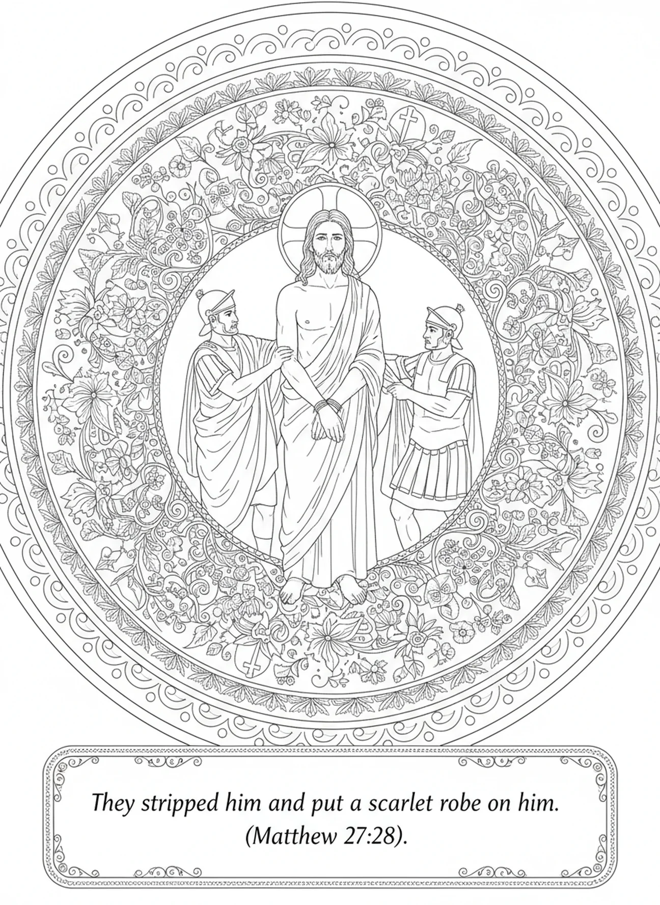 Jésus dépouillé de ses vêtements, page à colorier des Stations de la Croix 13 pour adultes dans un style de journal biblique.