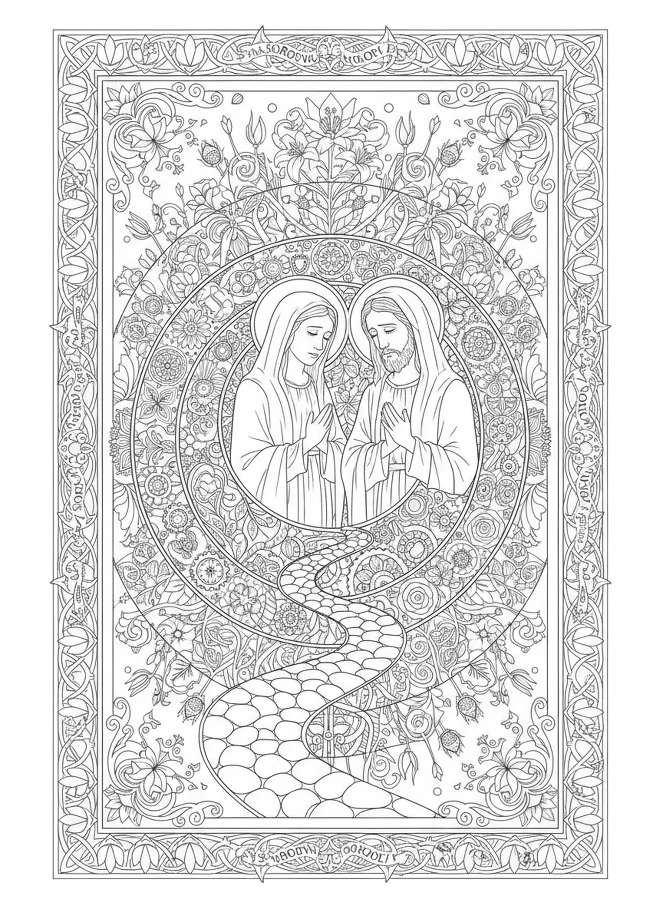 Jésus rencontre Marie, page à colorier des Stations de la Croix 13 pour adultes dans un style de journal biblique.
