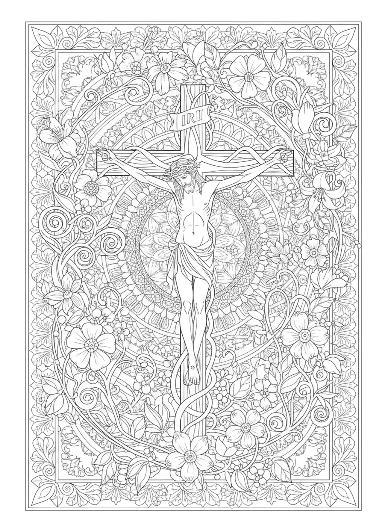 Jésus crucifié sur la croix, page à colorier des Stations de la Croix 13 pour adultes dans un style de journal biblique.