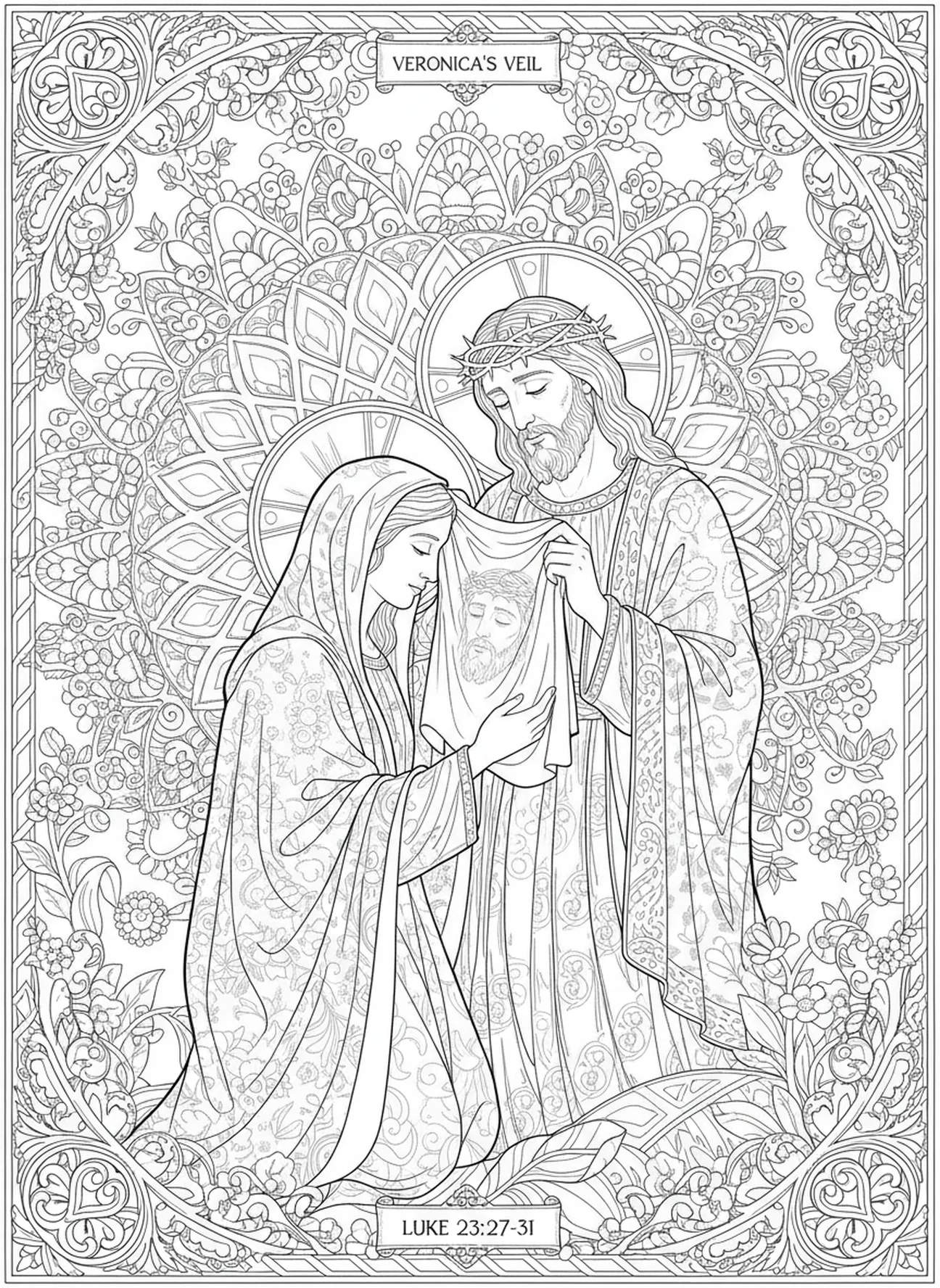 Véronique essuie le visage de Jésus, page à colorier des Stations de la Croix 13 pour adultes dans un style de journal biblique.