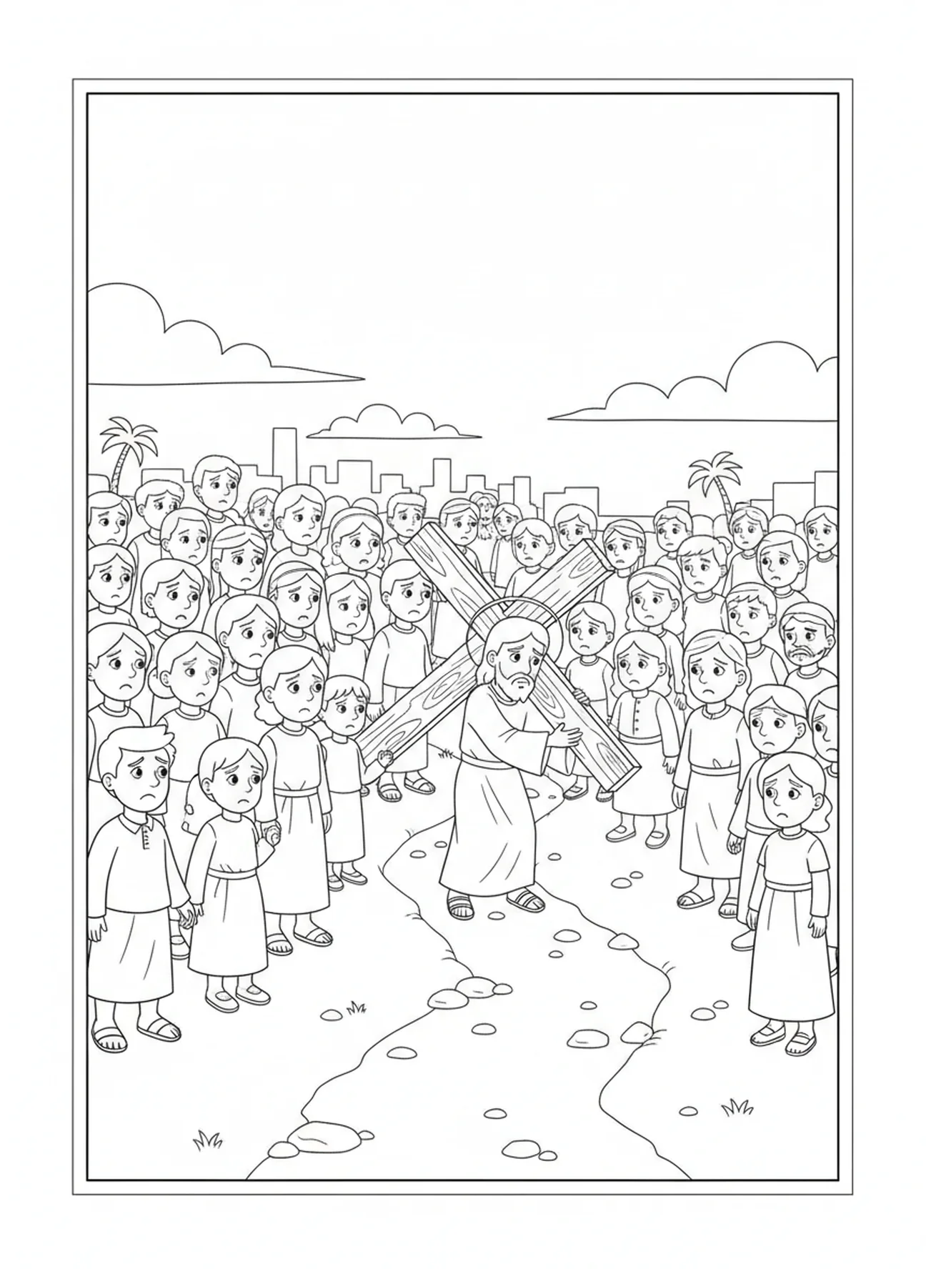 Foule regardant Jésus, page à colorier des Stations de la Croix 13 pour enfants de 5 à 10 ans