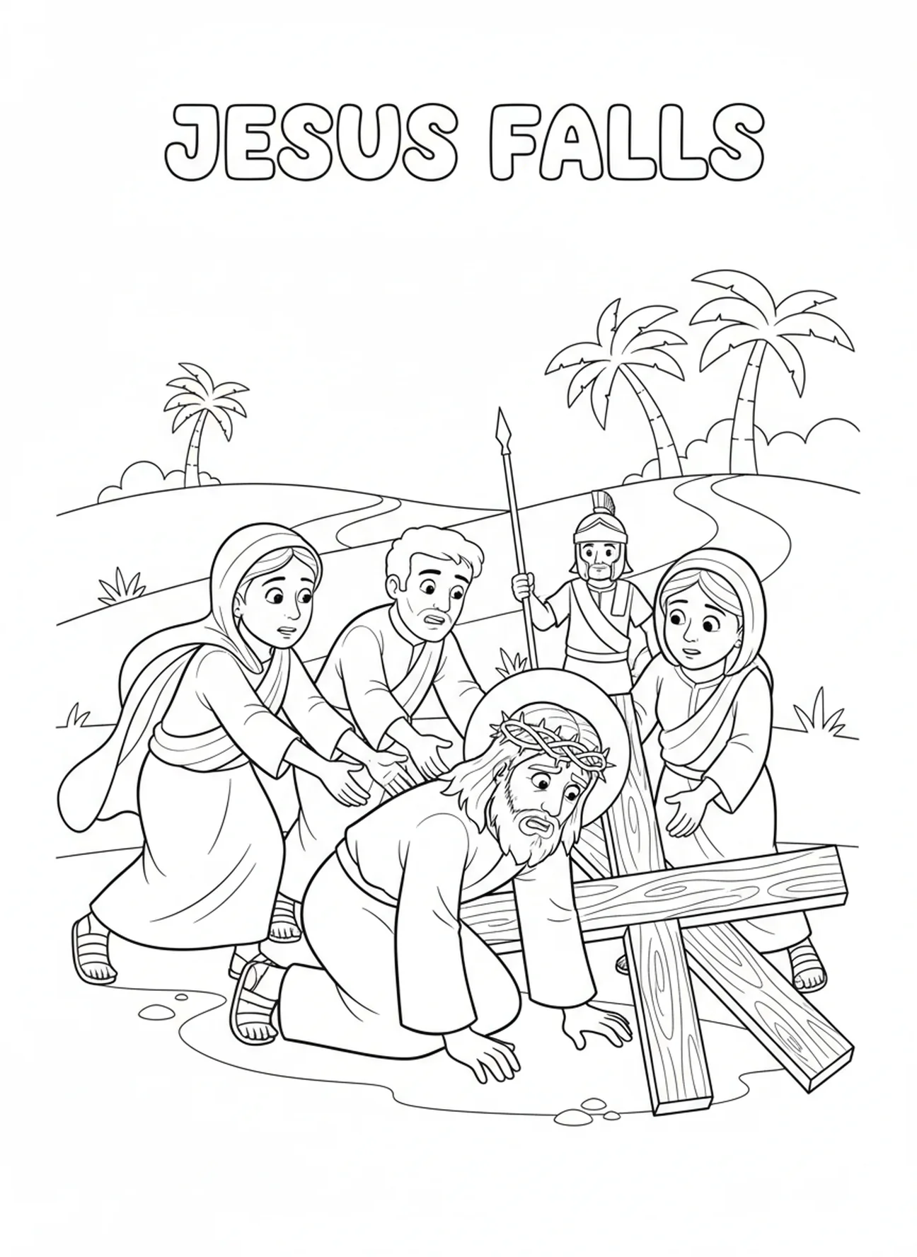 Jésus tombe avec la croix, coloriage des Stations de la Croix 13 pour les enfants de 5 à 10 ans